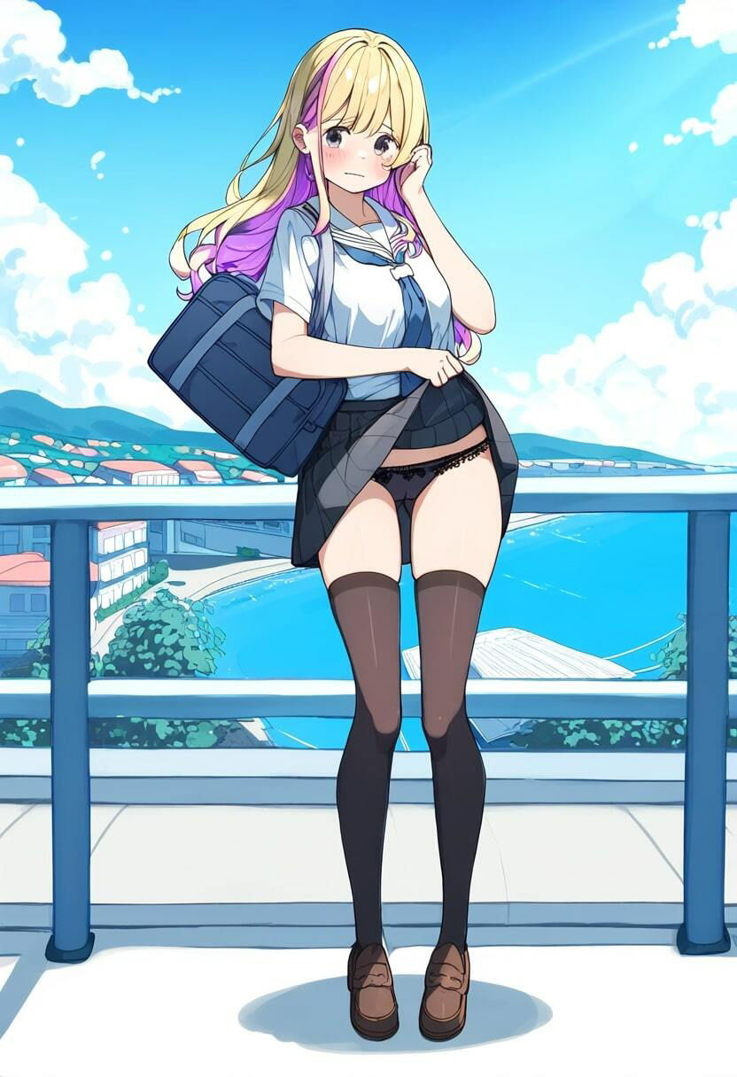 美少女JKが街中で恥ずかしそうにたくし上げしてパンチラ！