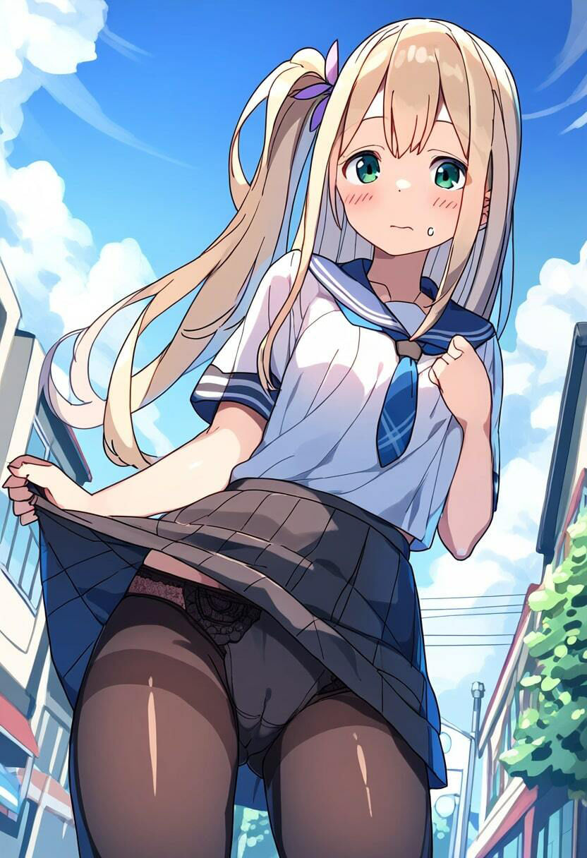 美少女JKが街中で恥ずかしそうにたくし上げしてパンチラ！