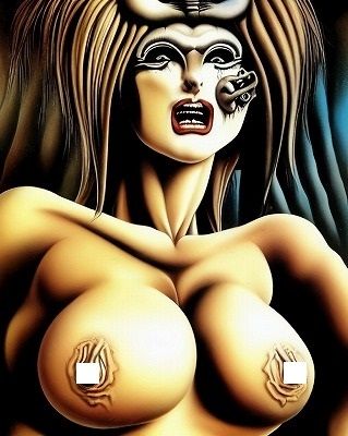 ホラーアート: ふやけたようなしわくちゃになってる乳輪を持つ化け物系の美魔女