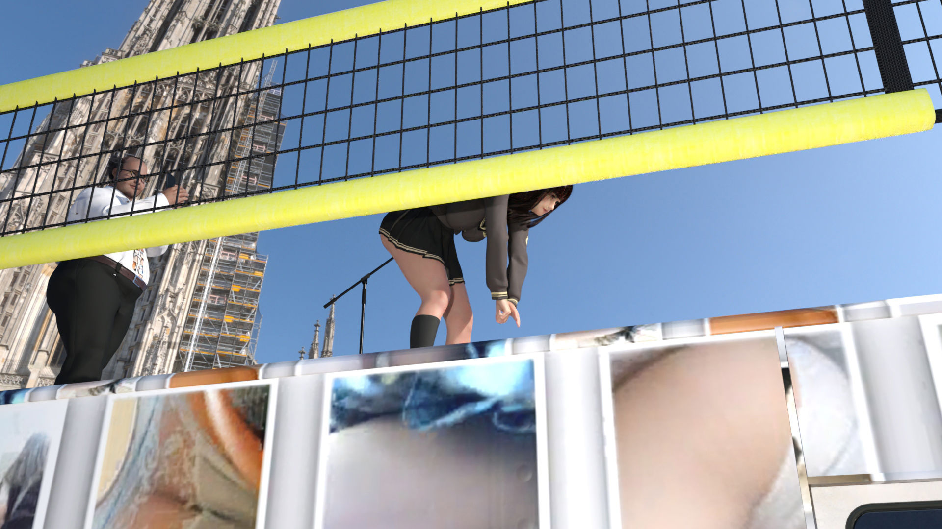 盗撮実現党の党員として公認を受けた女性候補『本藤まな』番外編:早朝の街頭演説前の準備運動・PV02（黒水玉柄パンティ編）⇒の直後、まなのお尻を見てムラムラしガマンできなくなった御手洗党首に後ろから犯○れる