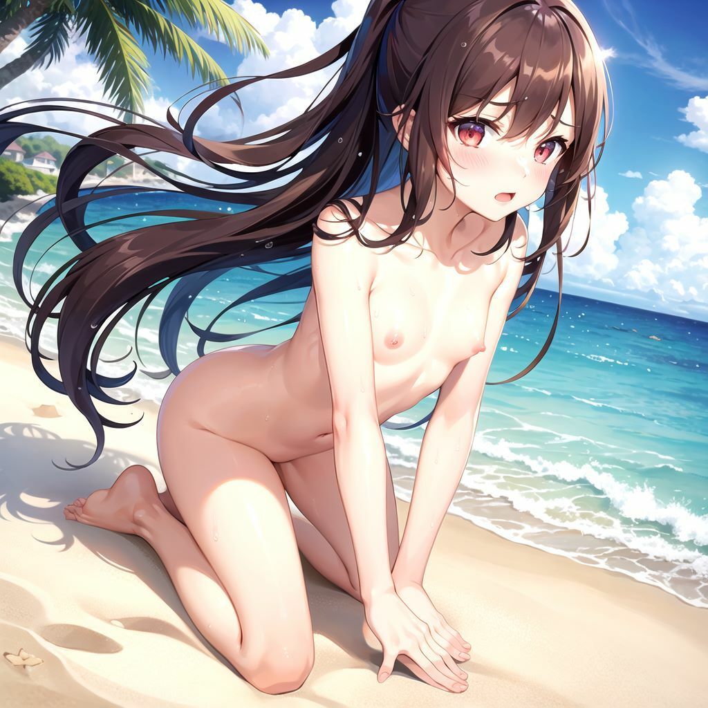 全裸で恥ずかしそうな海辺のちっぱい美少女