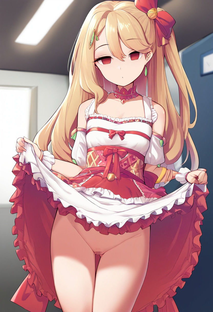 アイドルの女の子が催●にかかってスカートをたくし上げている画像