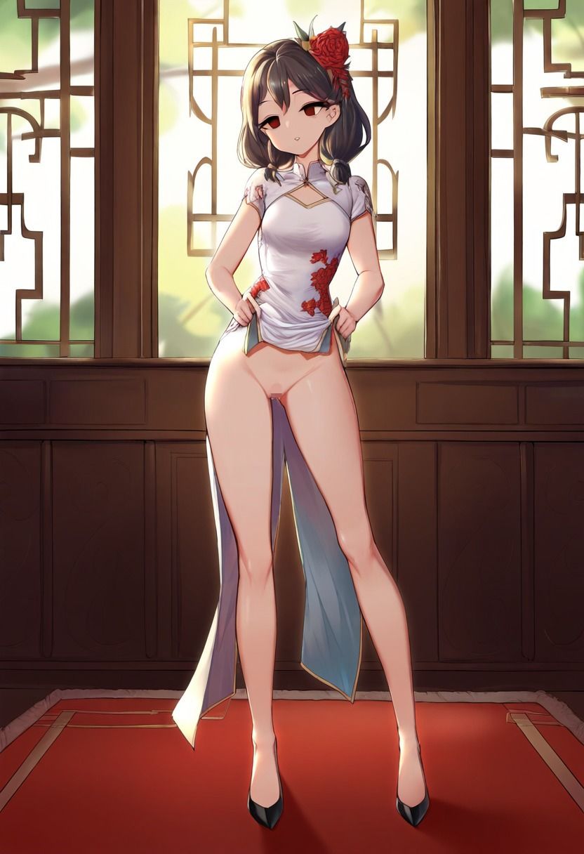 チャイナ服の女の子が催●にかかってスカートをたくし上げている画像