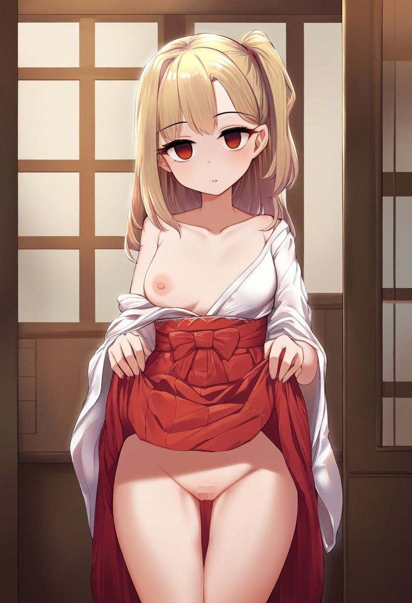 巫女の女の子が催●にかかってスカートをたくし上げている画像