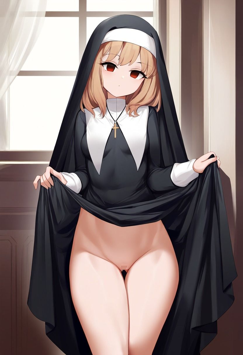 シスターの女の子が催●にかかってスカートをたくし上げている画像