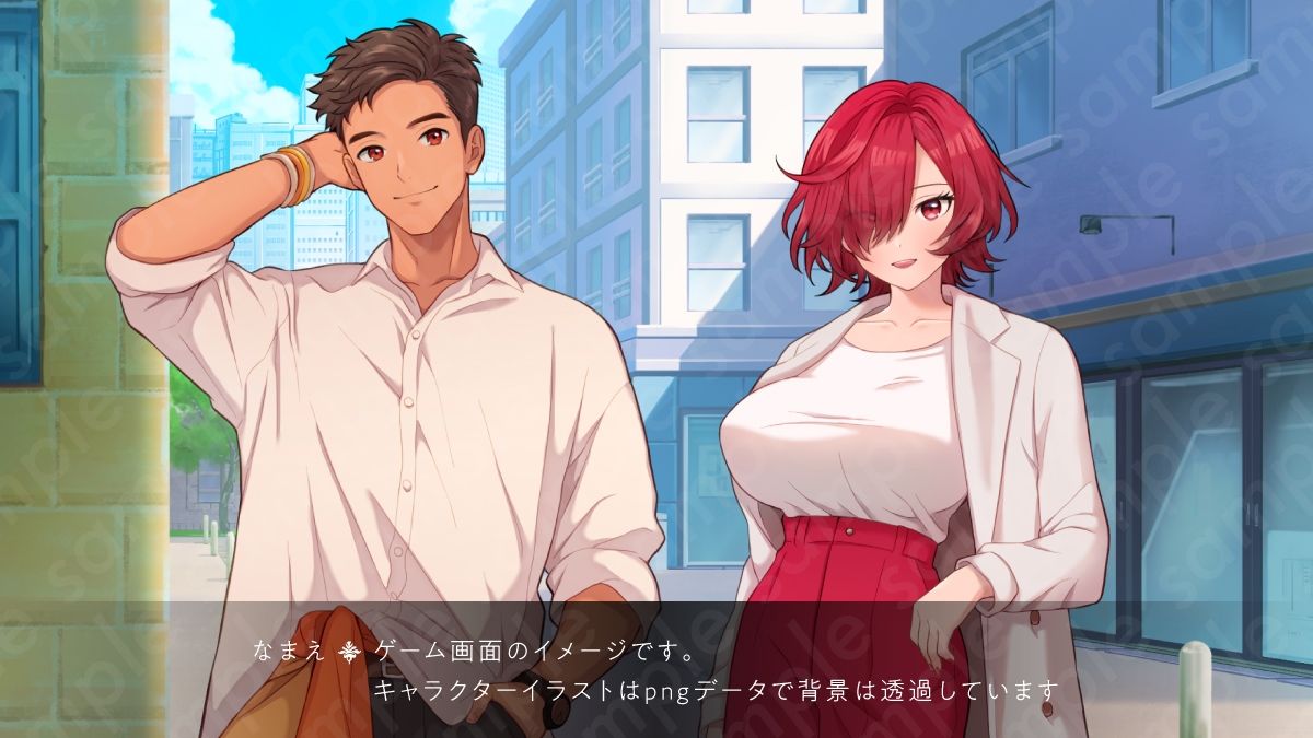 【立ち絵素材】クール系お姉さんな雰囲気の赤髪片目隠れ・巨乳女性のイラスト/私服ver・裸ver有/全身差分14種【PSD付き】