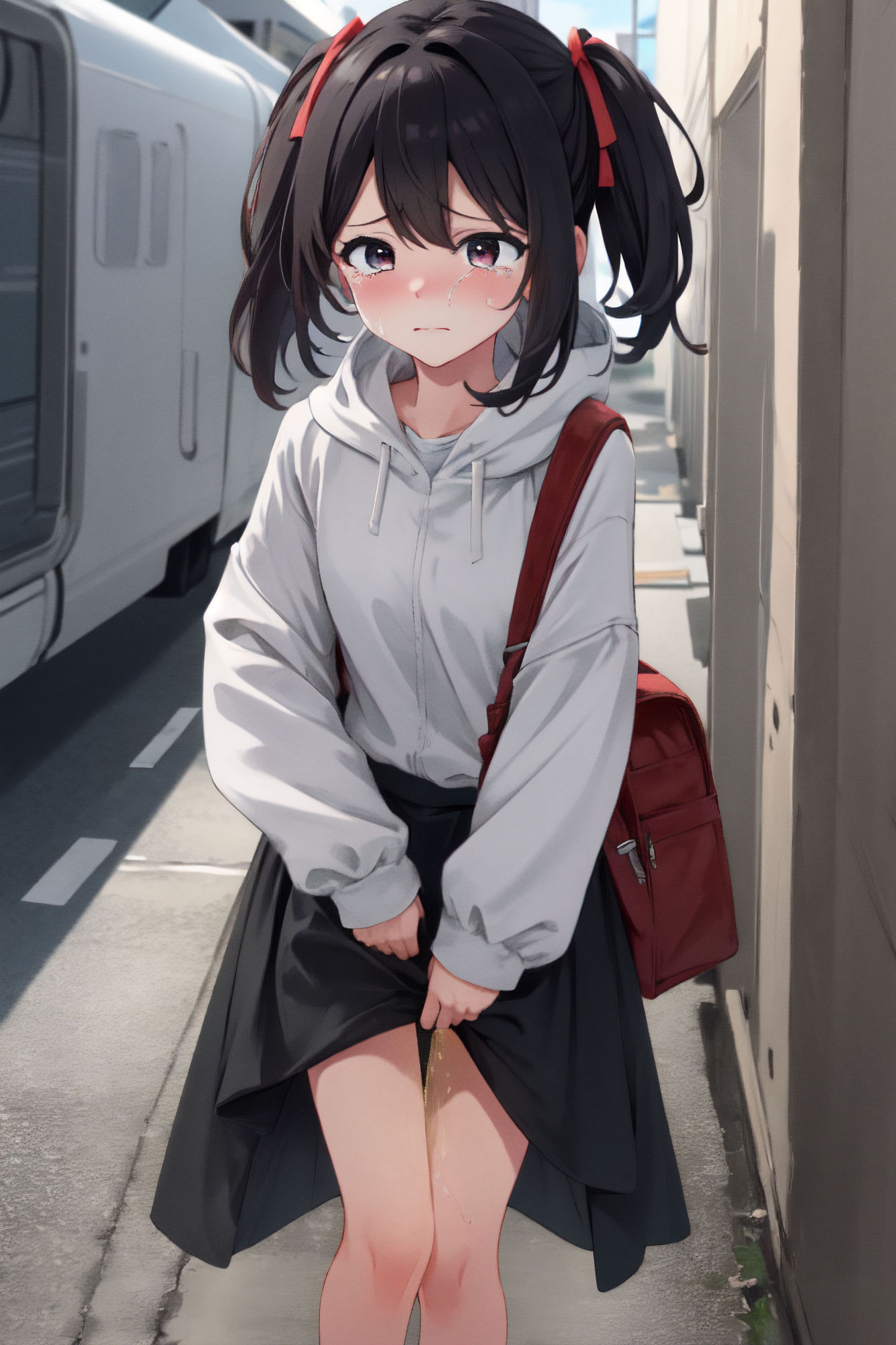 我慢できずに外でお漏らししちゃう少女