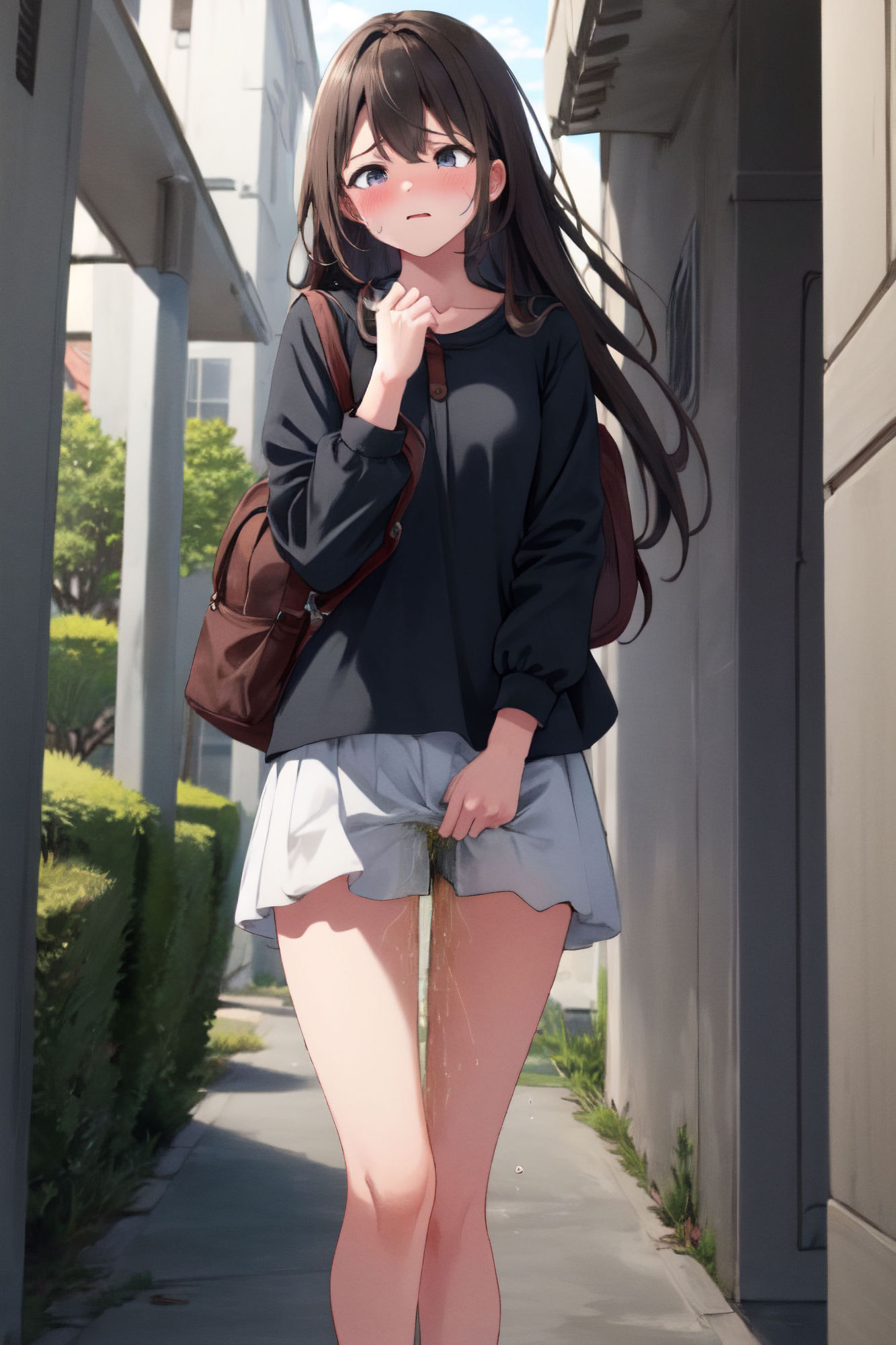 我慢できずに外でお漏らししちゃう少女