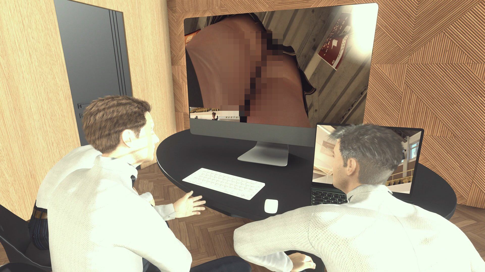 【●100▲100】ドスケベ放送部員男子複数名による、廻里生徒会長の演説時真下のピンホールカメラからの逆さ撮り盗撮動画ライブ鑑賞の様子（Vol.002:黒T-バックパンティ）