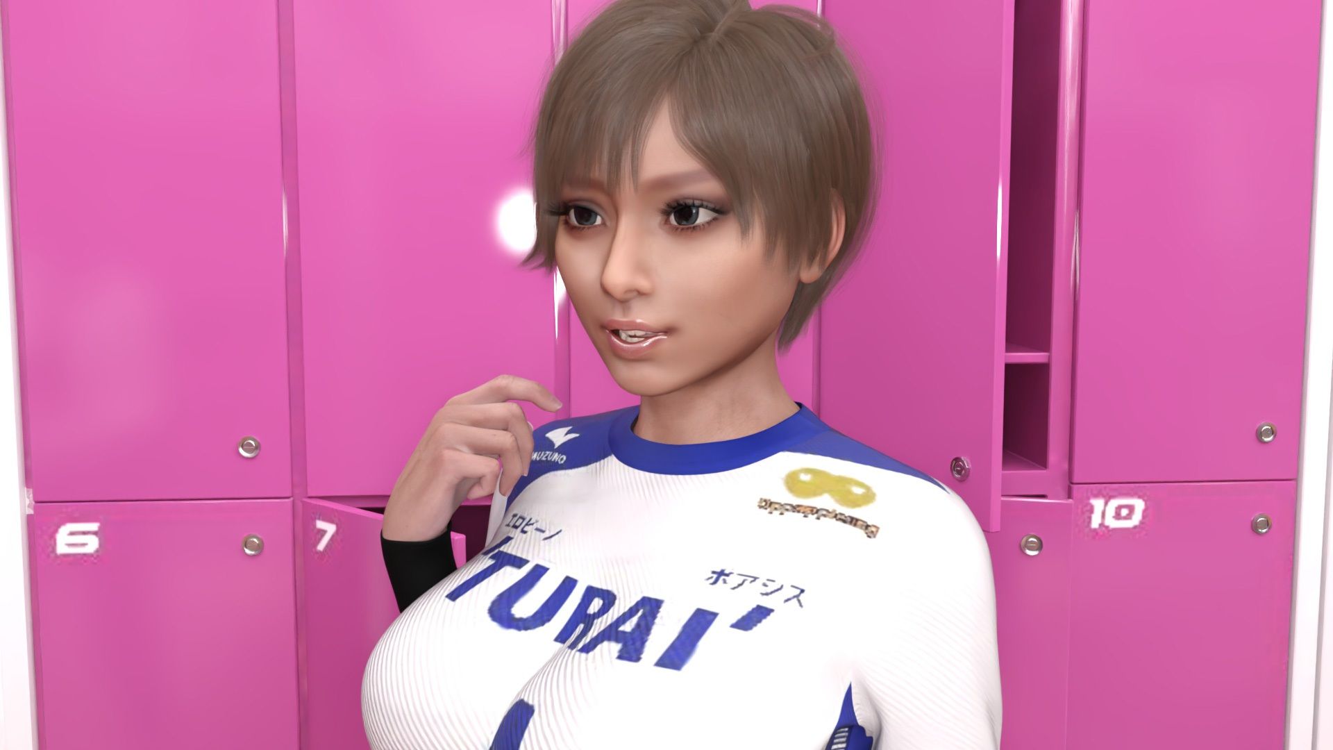 【●100△100】バレーボール・セリエV選手譚・実業団チーム『トゥーレ・ダイナマイトバスターズ』のエースアタッカー、古舘友梨に肉体関係を迫る御手洗保守会長の狼藉セクハラ強●の様子（10:上半身水色ブラ・立ちバック）