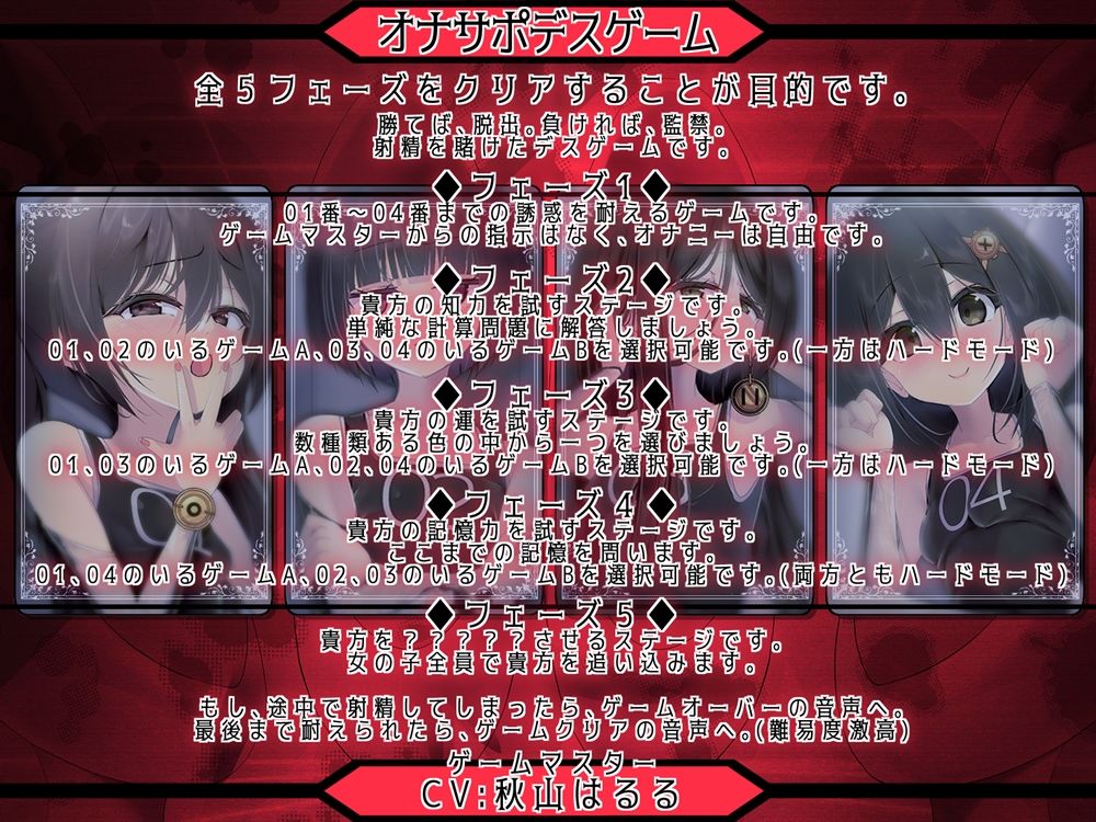 オナサポデスゲーム 数々の試練を突破し、4人の〇キ相手に射精せずに脱出する音声