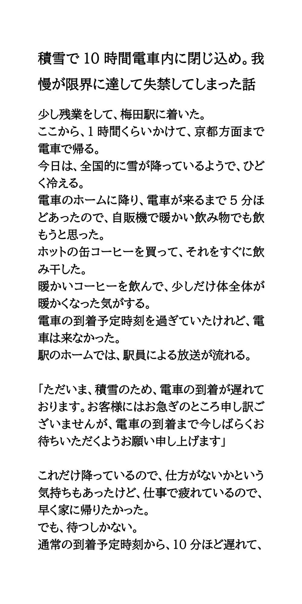 積雪で10時間電車内に閉じ込め。我慢が限界に達して失禁してしまった話
