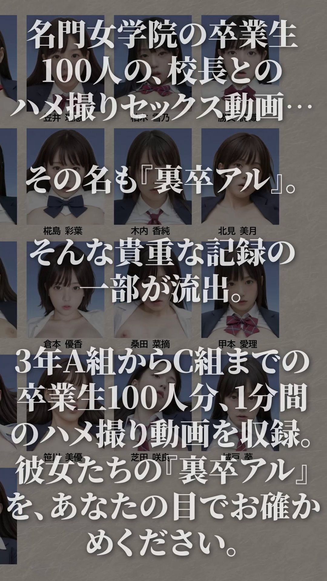 【4K動画】裏卒アル〜制服で乱れるJK100人との禁断ハメ撮り流出〜