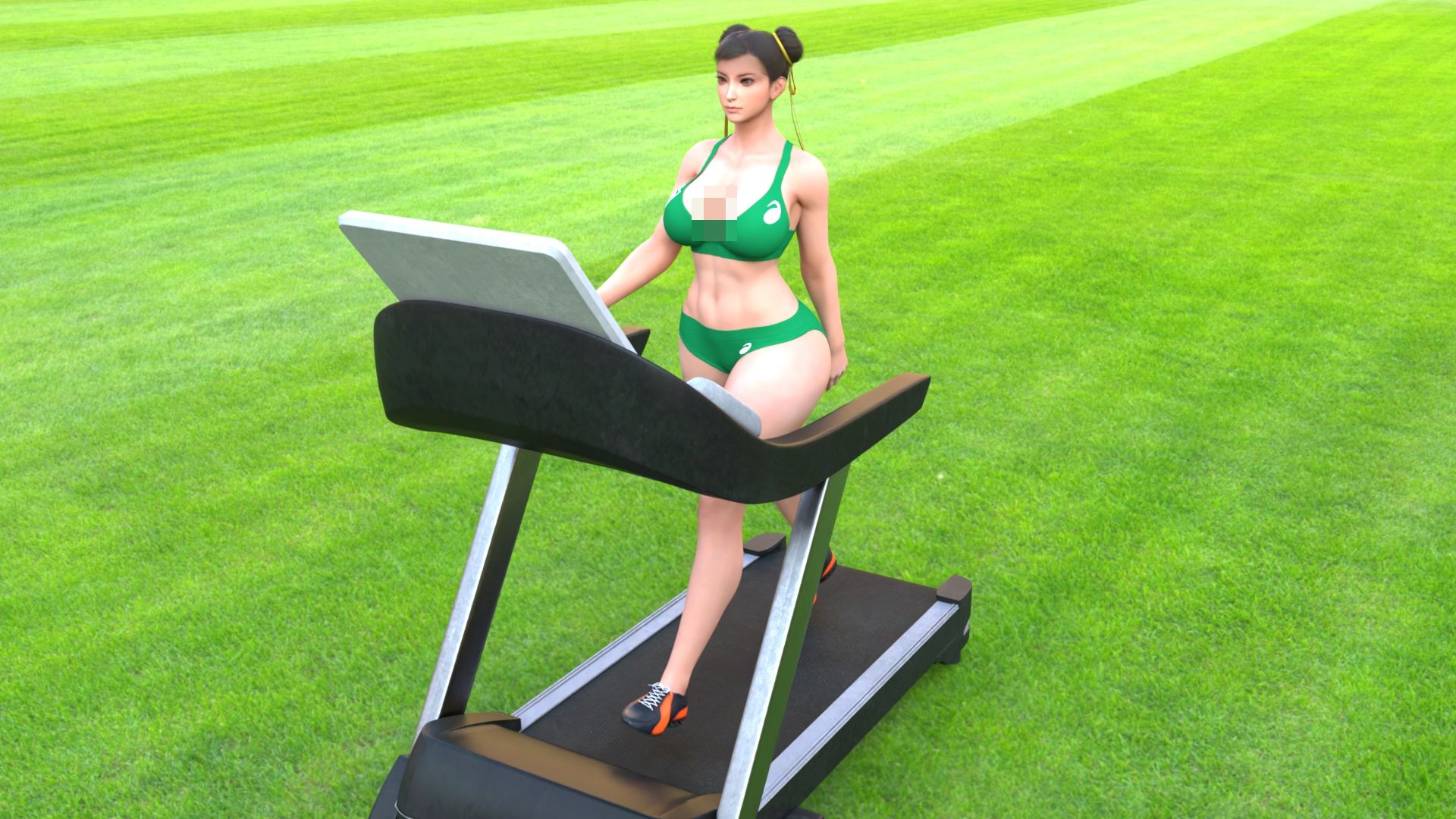元祖中華女性格闘家「チュンリー(春麗)」の陸上競技ユニフォームウォーキング乳揺れ