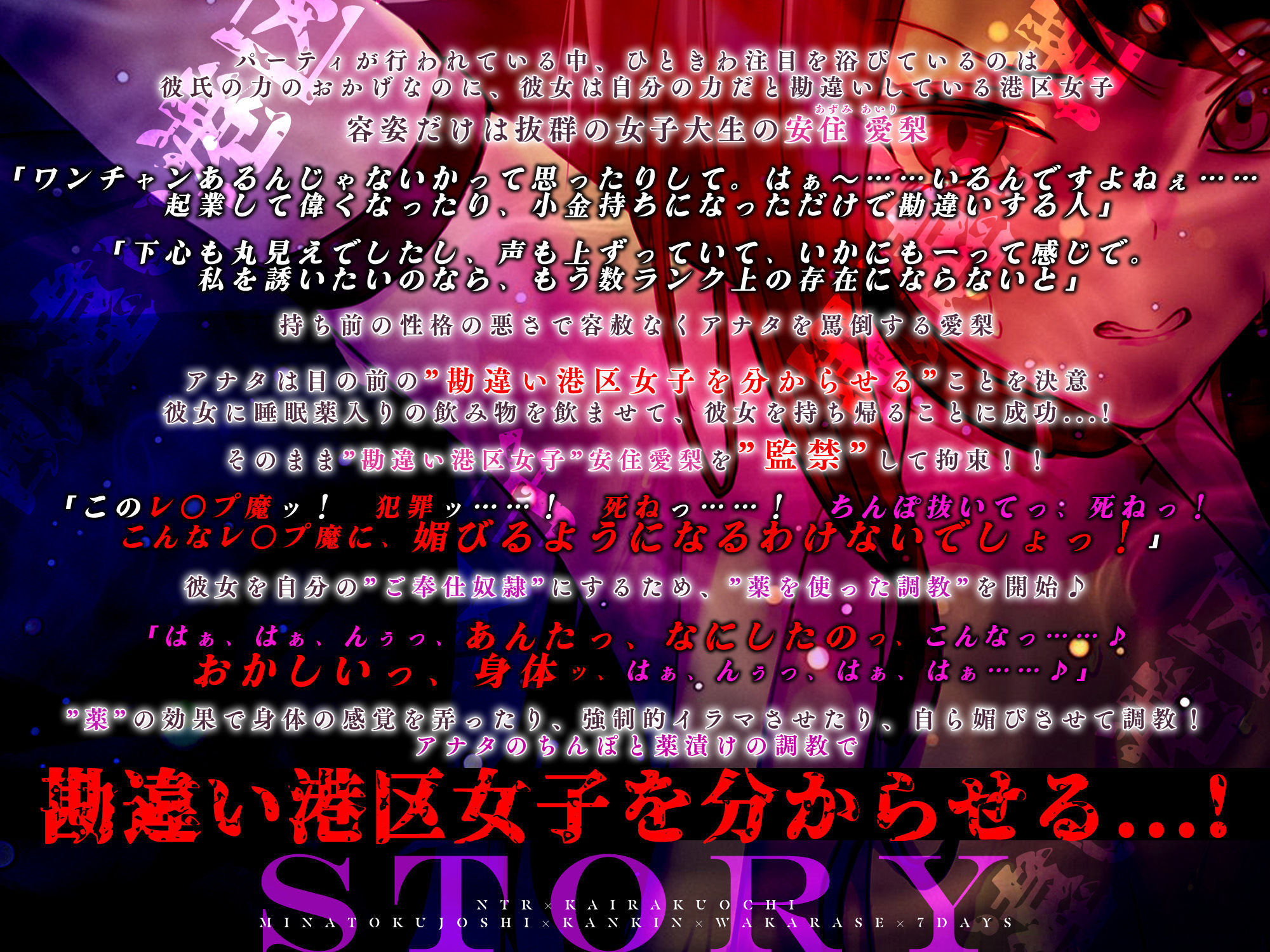 【寝取られ堕ち】彼氏持ち勘違い港区女子を監禁してわからせる7日間 〜強媚薬・感度増幅・幻覚ベタ惚れ・謝罪ご奉仕〜
