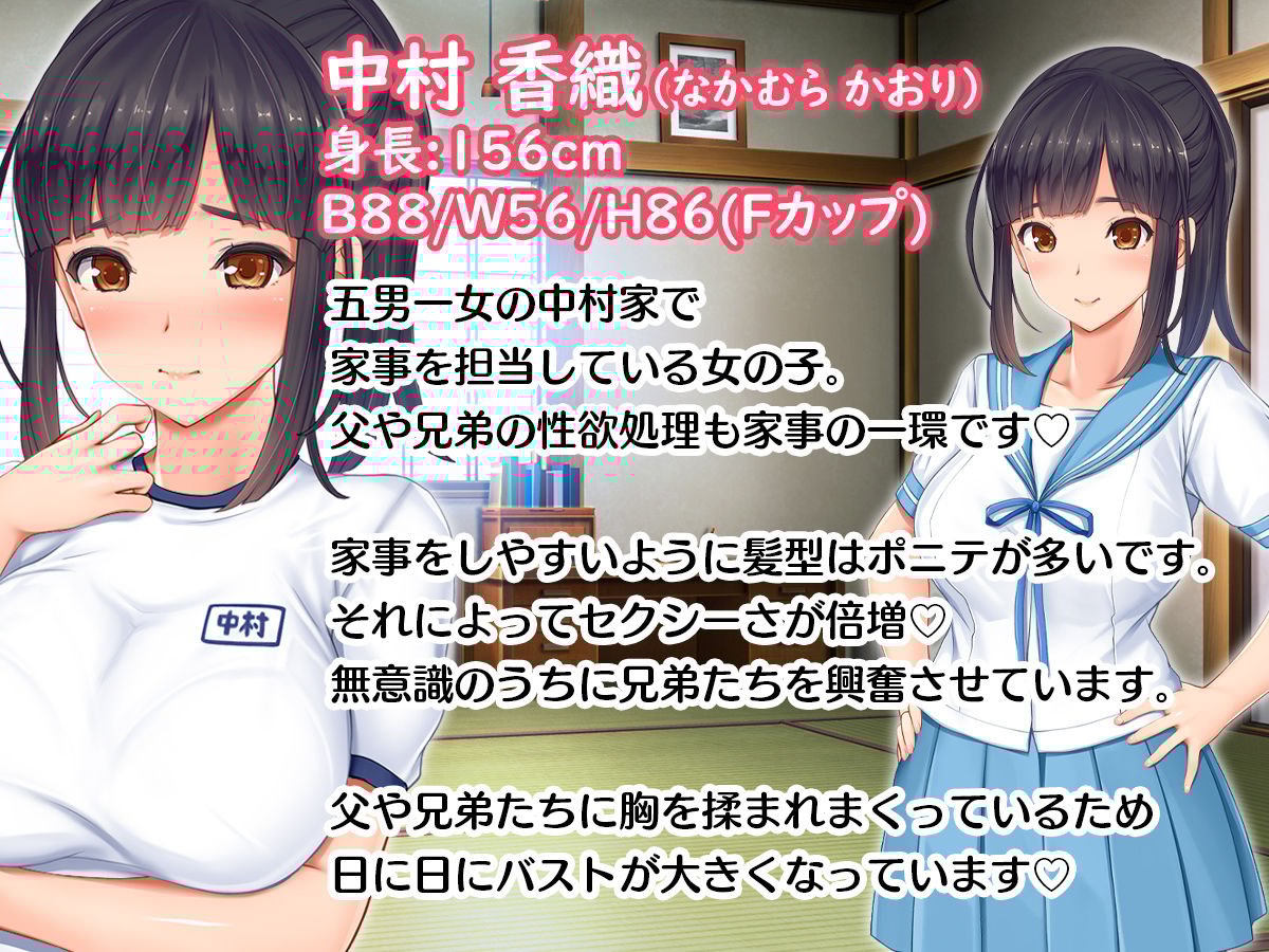 1人娘に父と5兄弟の大家族〜父親と5人兄弟の性欲処理も母親代わりの私の役目、24時間頑張ります!〜