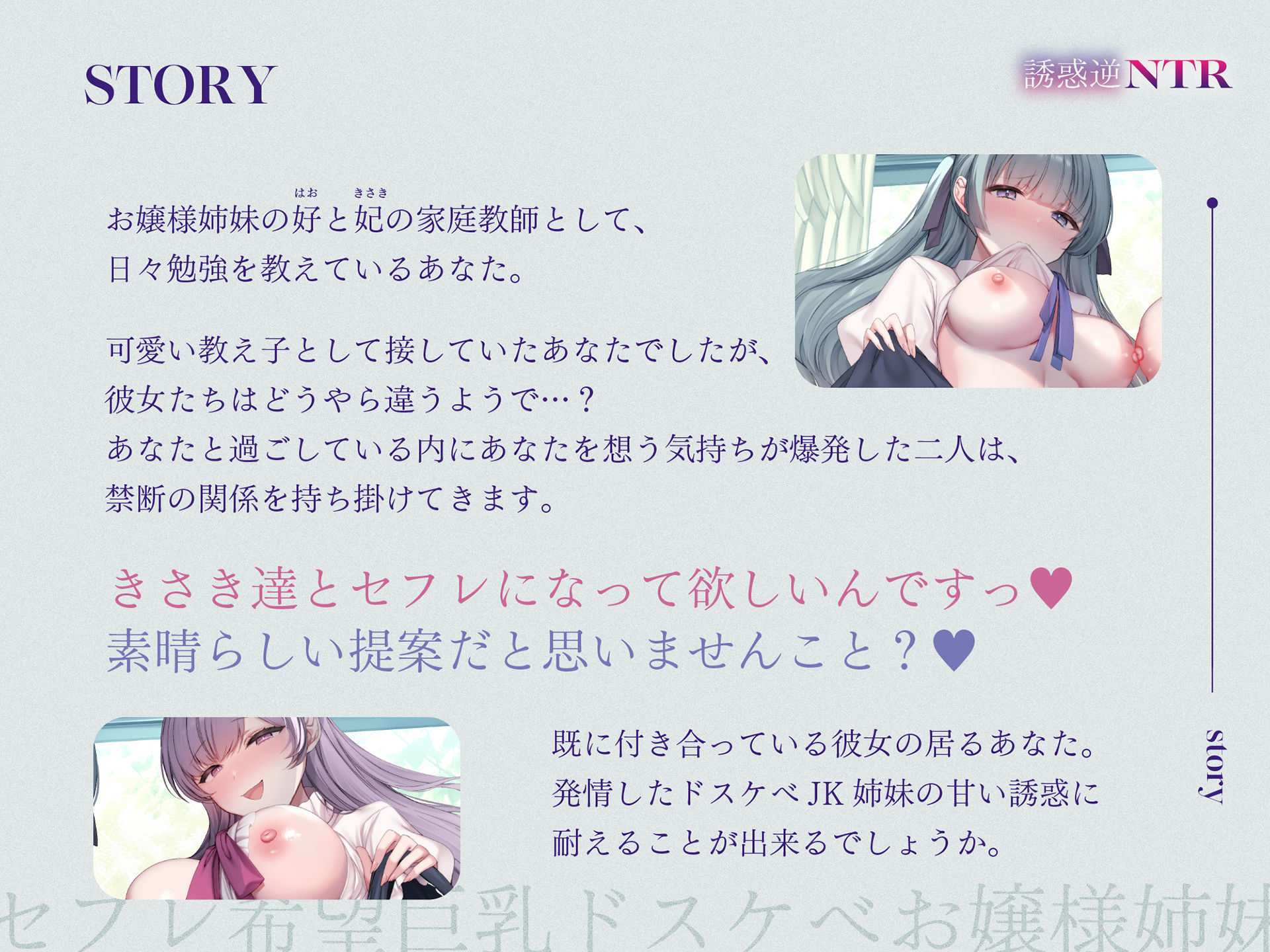 【処女作記念110円/ハート目発情差分付き】セフレ希望巨乳ドスケベお嬢様姉妹のねっとりじわじわ誘惑逆NTR 〜彼女を裏切り年頃メスオナホ×2と背徳孕ませ交尾〜