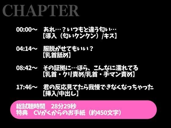 匂いフェチ彼氏のクンクン発情期〜大好物の匂いに執着乳首舐めと止められない腰へこへこえっち〜（CV:がく×シナリオ:悠希）