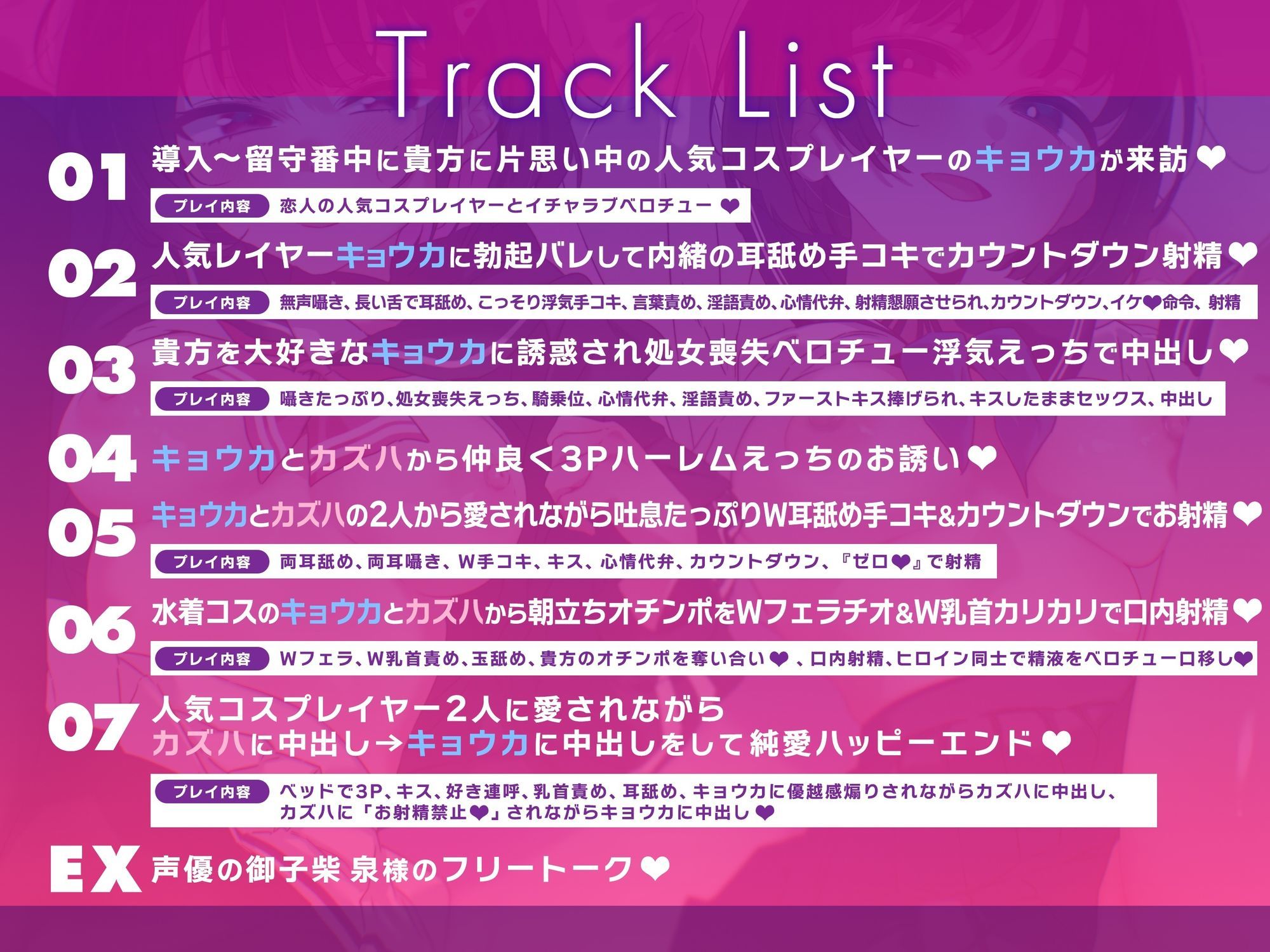 逆転なし&湿度たっぷり♪貴方を大好きな低音ダウナー有名コスプレイヤー×2と誘惑純愛ハーレムえっちでハッピーエンドする音声【左右舐め♪カウントダウン♪】