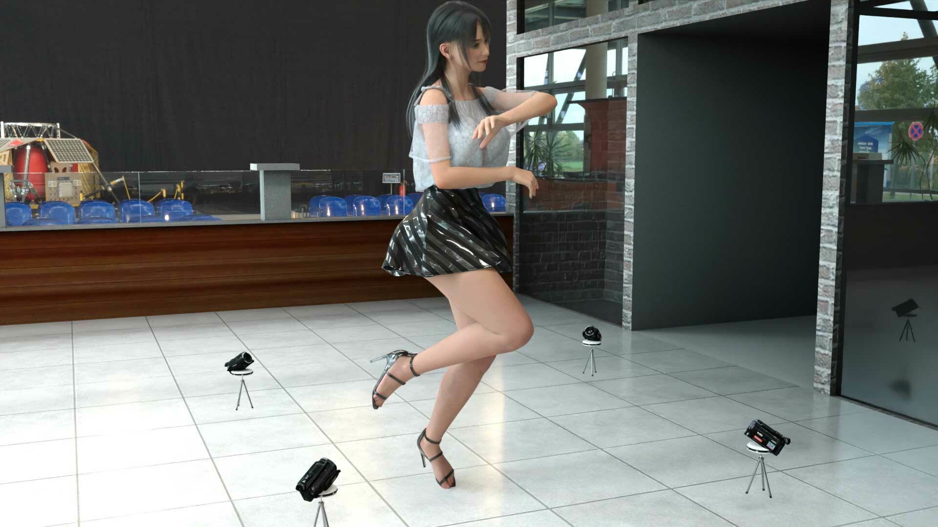 女子アナになった二階堂沙耶・早朝のニュース番組の冒頭でミニスカートでダンスすることを業務命令で強要される:Vol.005『ただの話題作りとのことで電源OFF(のはず)のカメラが4台、ローアングルから彼女のスカート内を覗き込むように設置されている:PV05_ヒョウ柄フルバックパンティで扇風機風チラ』