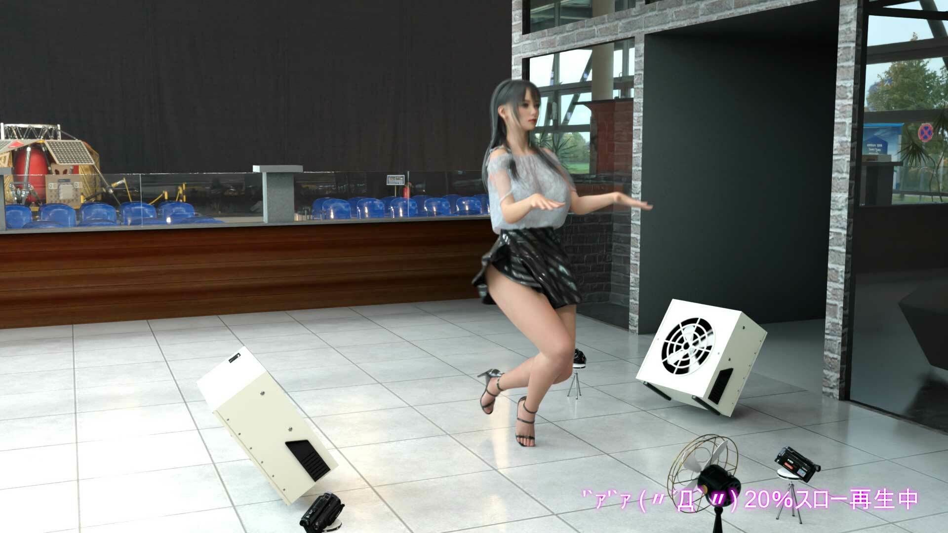 女子アナになった二階堂沙耶・早朝のニュース番組の冒頭でミニスカートでダンスすることを業務命令で強要される・ダンスVer.2:Vol.05『ただの話題作りとのことで電源OFF（のはず）のカメラが4台、ローアングルから彼女のスカート内を覗き込むように設置されている:PV05_水色Tバックパンティで扇風機風チラ』