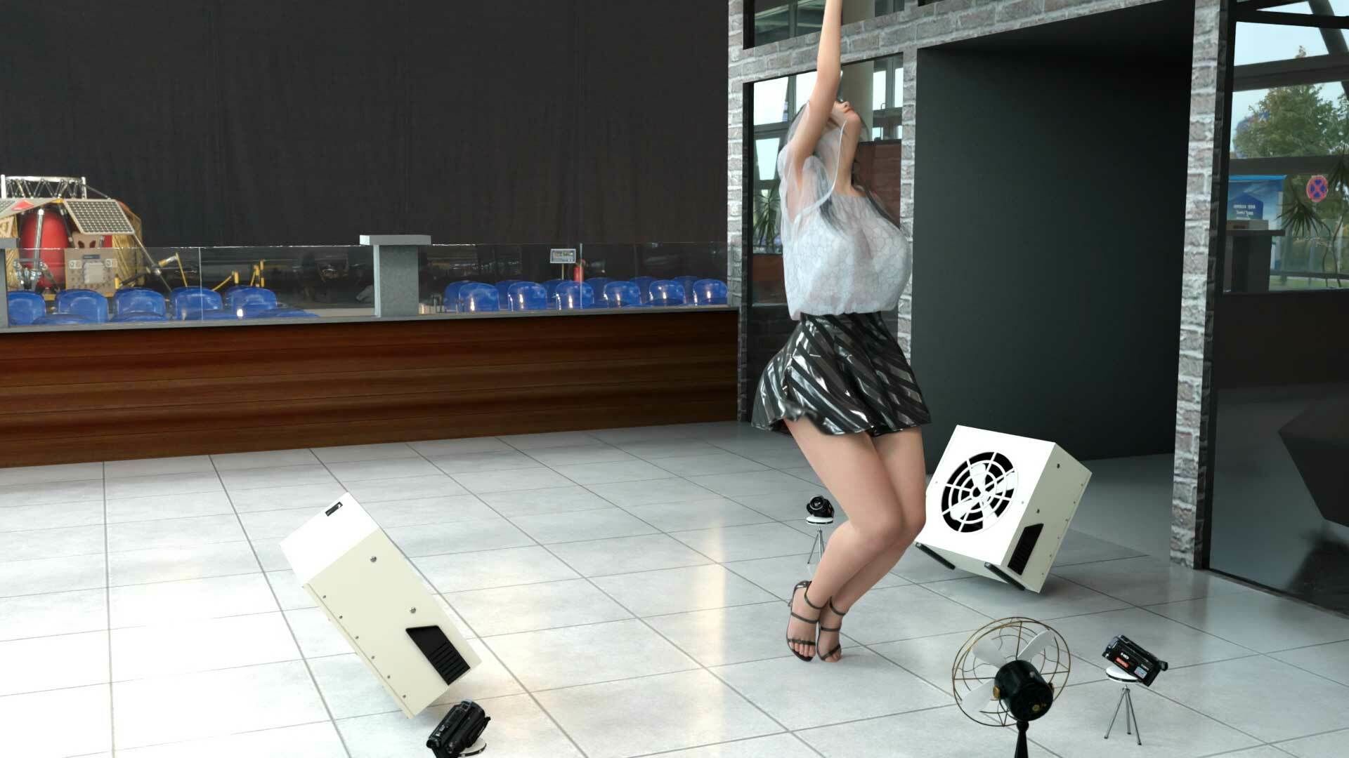 女子アナになった二階堂沙耶・早朝のニュース番組の冒頭でミニスカートでダンスすることを業務命令で強要される・ダンスVer.3:Vol.02『ただの話題作りとのことで電源OFF（のはず）のカメラが4台、ローアングルから彼女のスカート内を覗き込むように設置されている:PV02_黒ベースピンクフルバックパンティで扇風機風チラ』