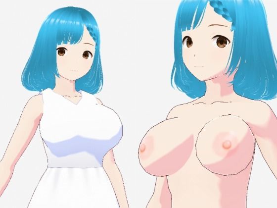 白いワンピースにシアン色の髪の巨乳お姉さん（セリフなし 3DCGモデル イラスト集）