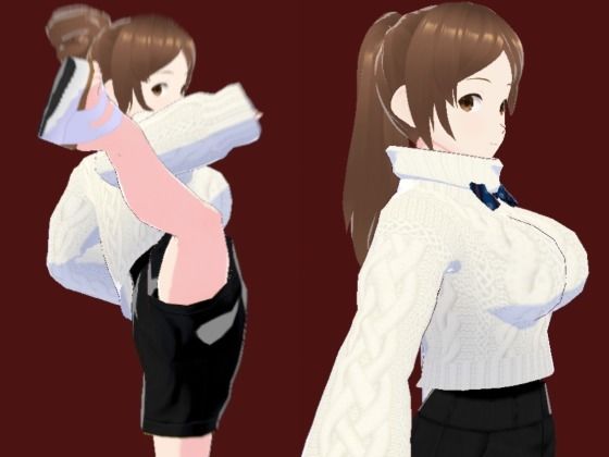 白いタートルネックセーターに黒いショートパンツのお姉さん（セリフなし 3DCGモデル イラスト集）