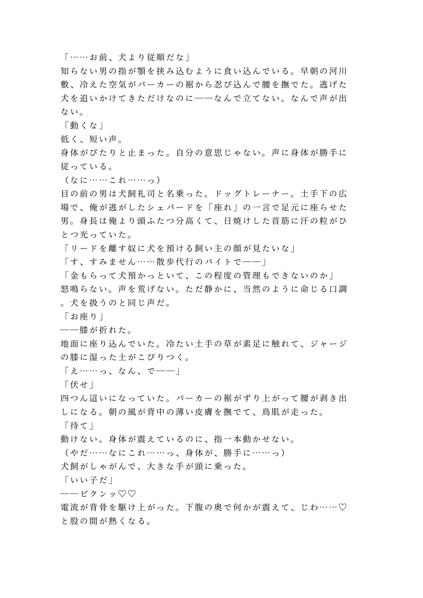 お座り――いい子だ 早朝の河川敷でドッグトレーナーに首輪を嵌められた散歩代行バイトのカントボーイが犬以下の躾で四回中出しされて雌犬に堕とされる話