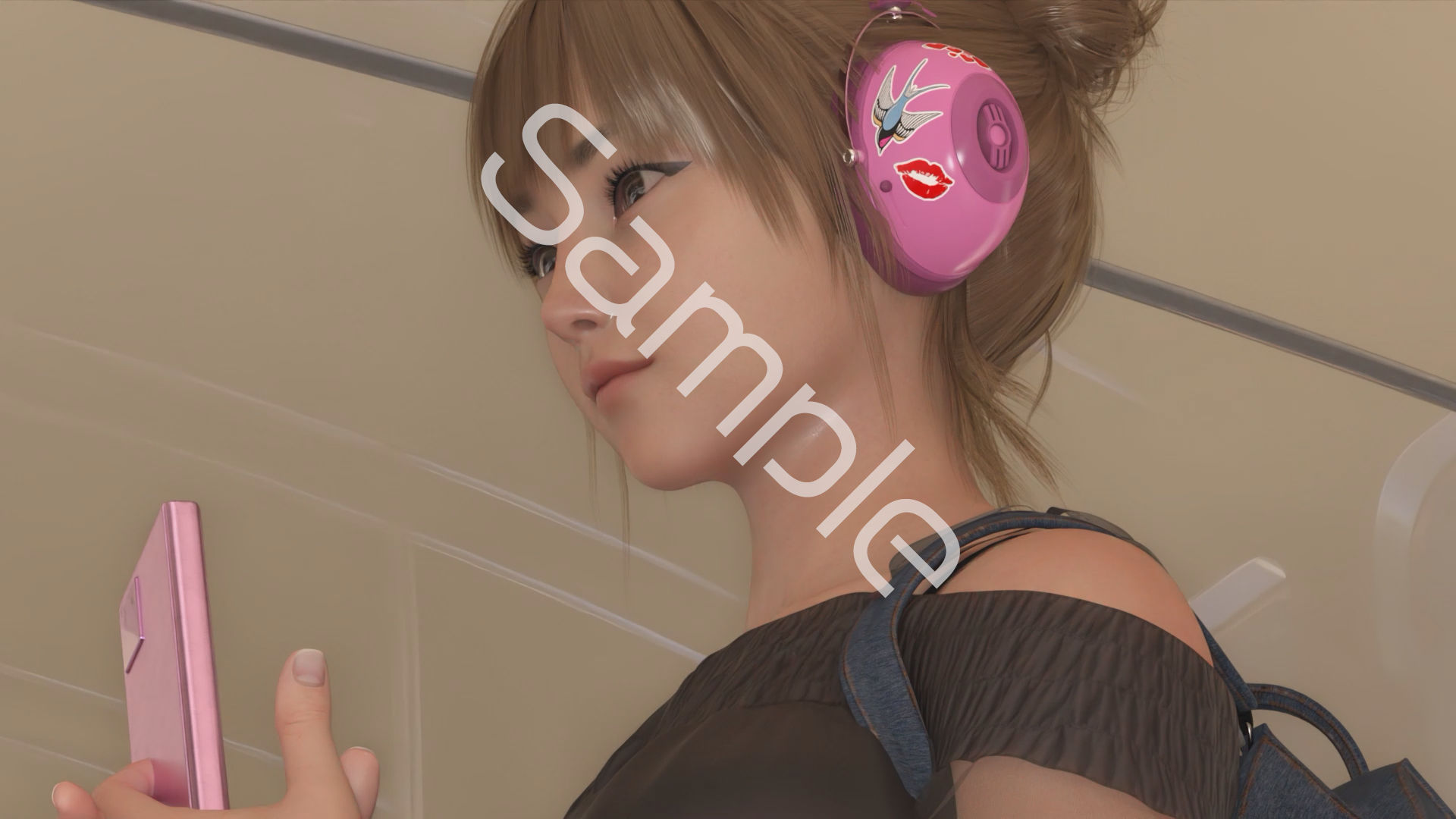 一ノ瀬廻里・私服登校日の通学途中のバス内でスカート内逆さ撮り盗撮の被害に遭う:フロント版PV04（サテン黒地ハート柄パンティ）