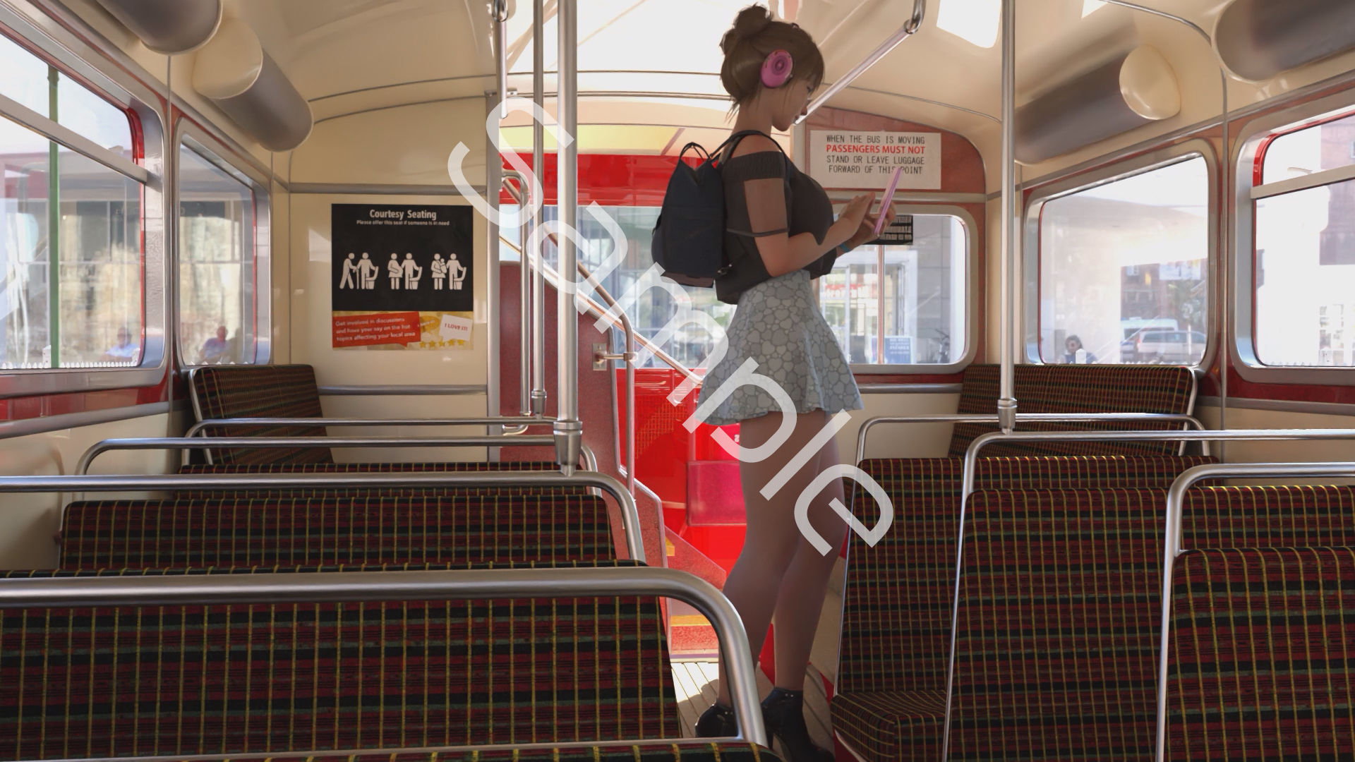 一ノ瀬廻里・私服登校日の通学途中のバス内でスカート内逆さ撮り盗撮の被害に遭う:フロント版PV05（サテン地緑色・ストライプ柄パンティ）