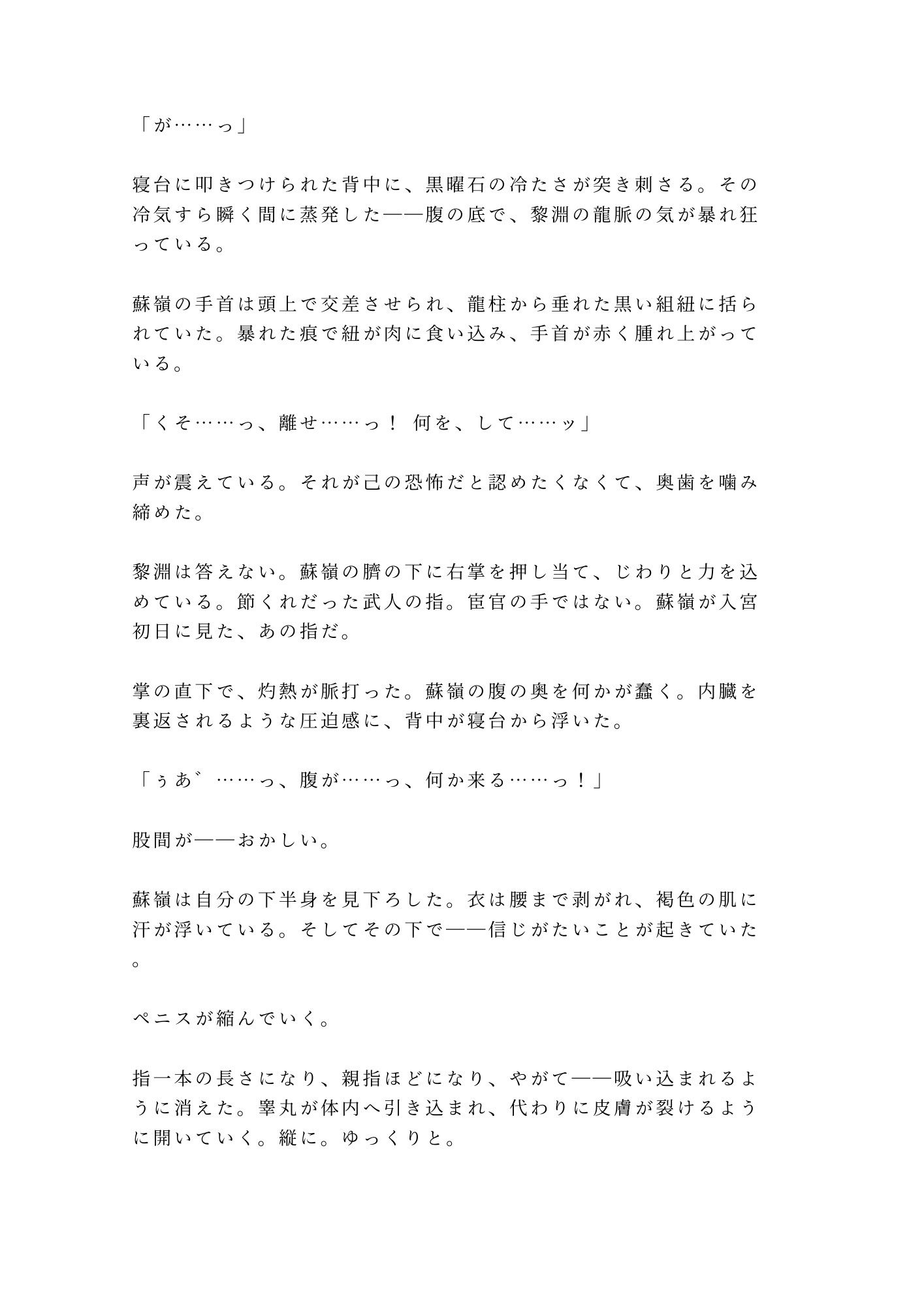 後宮に男として潜り込んだカントが皇帝直属の宦官長に初夜で暴かれ「去勢の必要がないな」と龍の寝台で飼われる話
