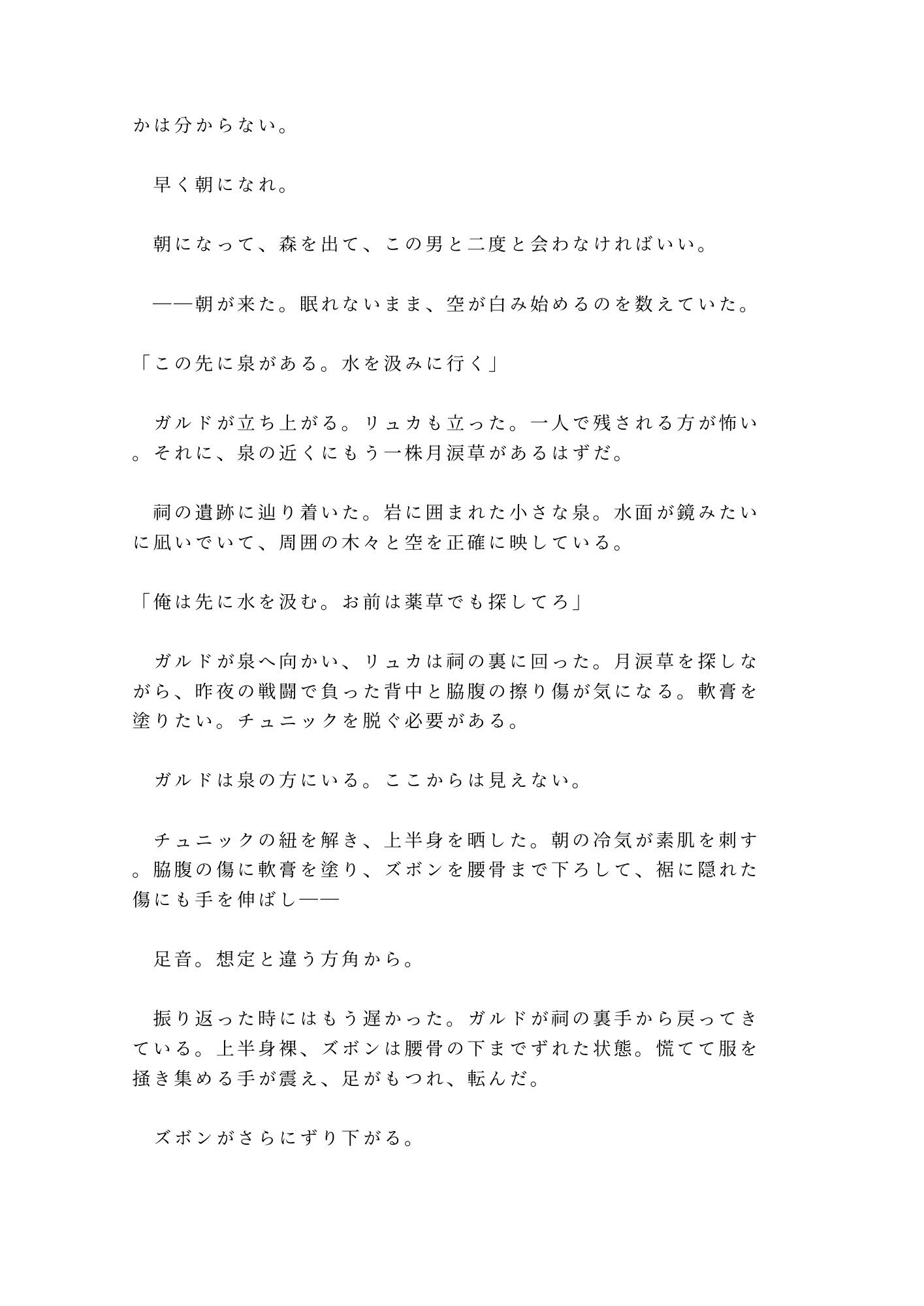 呪われた森の奥で魔物に囲まれたカントを助けた傭兵が「報酬は金じゃなくていい」と焚き火の明かりだけの野営地で対価を求める話