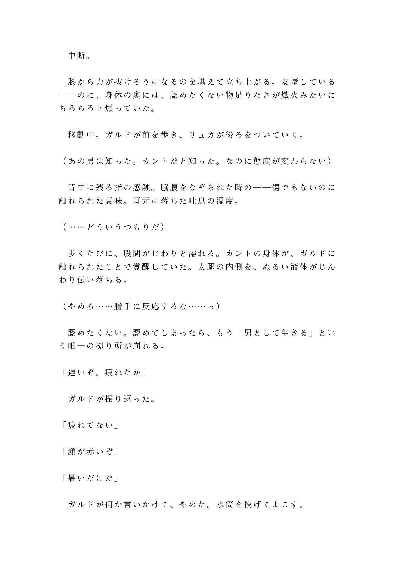 呪われた森の奥で魔物に囲まれたカントを助けた傭兵が「報酬は金じゃなくていい」と焚き火の明かりだけの野営地で対価を求める話