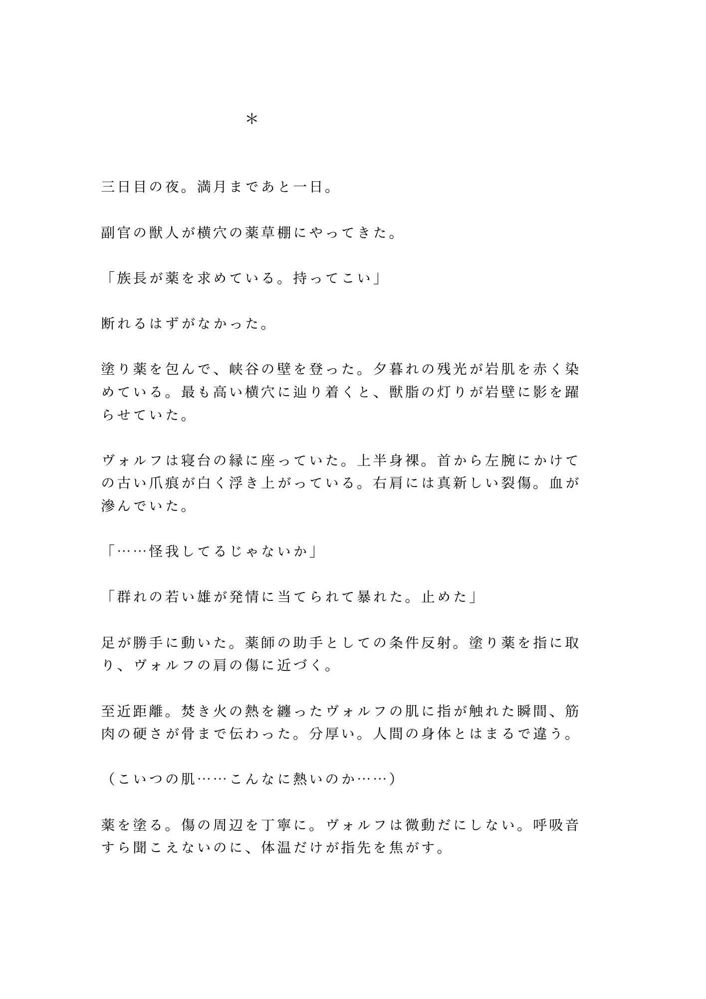 獣人の国に迷い込んだカントが狼のα族長に匂いで正体を見破られ「群れに入るか、俺の番になるか選べ」と満月の夜に迫られる話