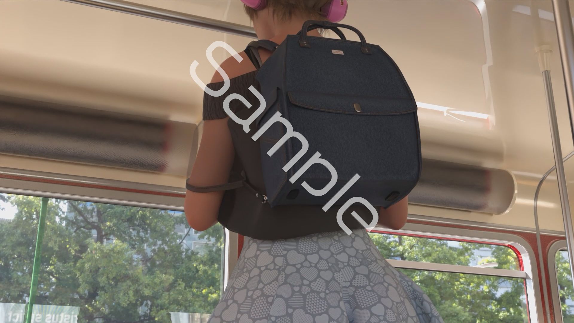 一ノ瀬廻里・私服登校日の通学途中のバス内でスカート内逆さ撮り盗撮の被害に遭う:PV16（サテン地ピンク豹柄のフルバックパンティ）
