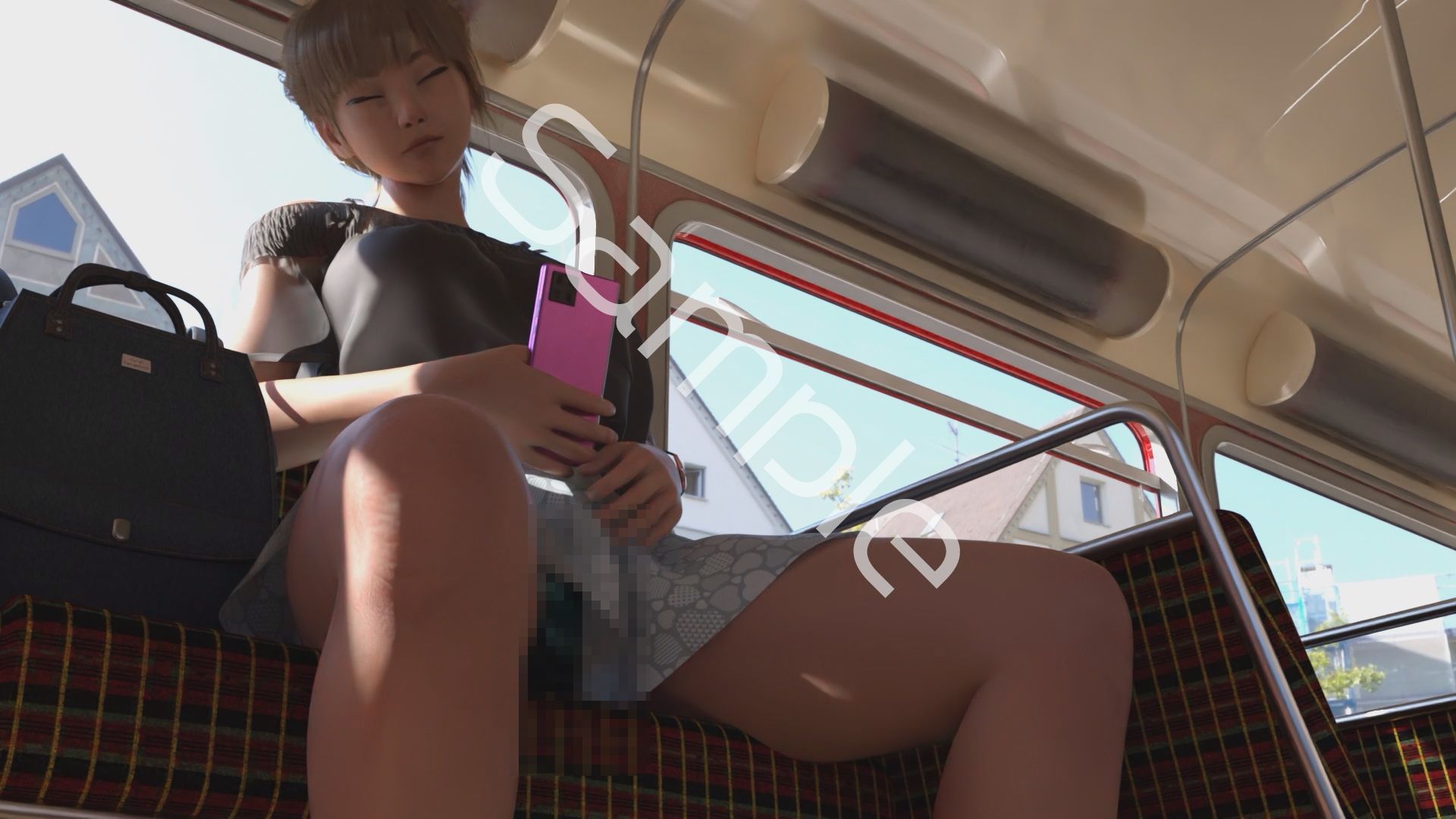 一ノ瀬廻里・私服登校日の通学途中のバス内でスカート内盗撮の被害に遭う:居眠り版PV02（サテン地エレガントな緑色パンティ）