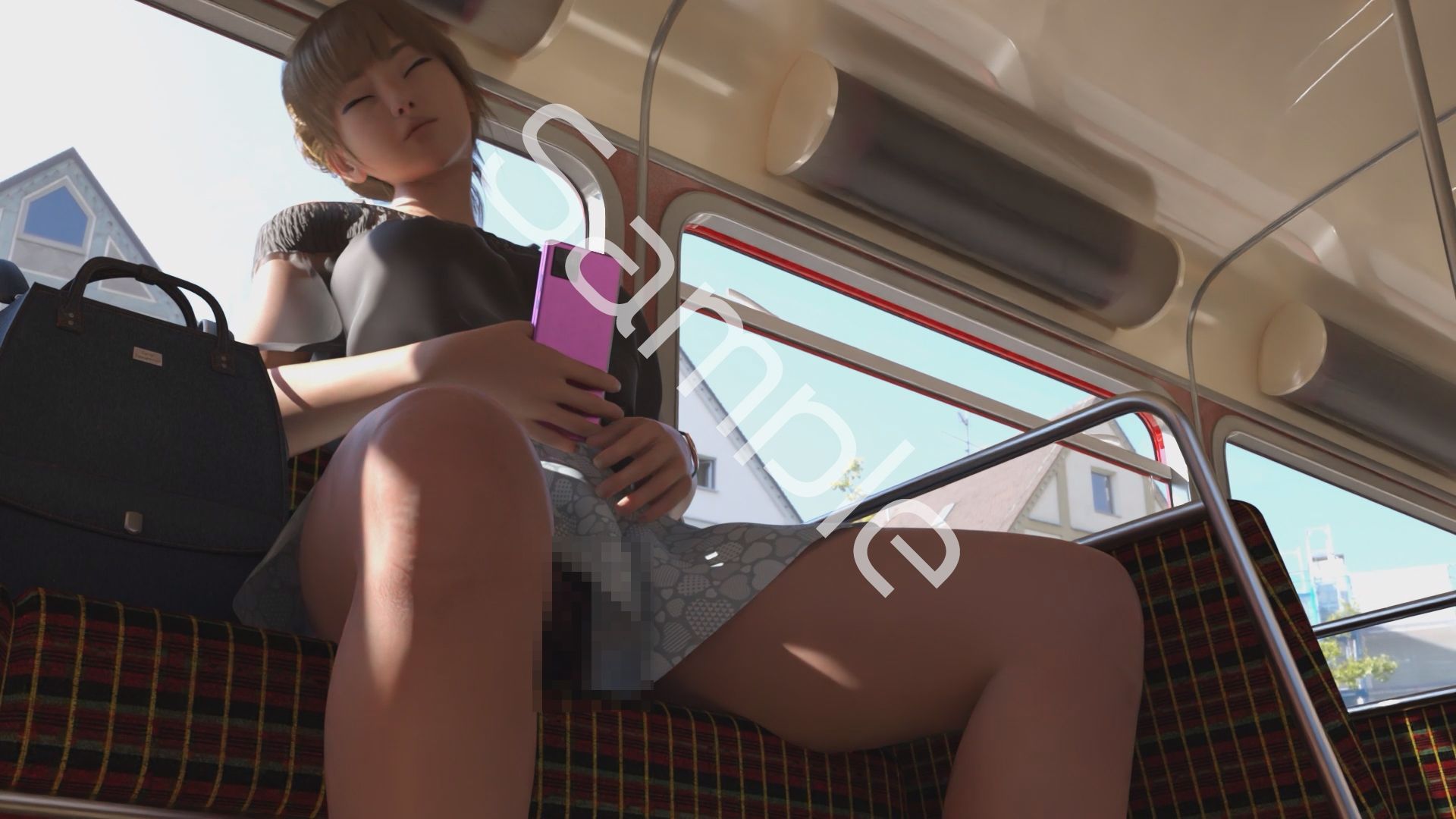 一ノ瀬廻里・私服登校日の通学途中のバス内でスカート内盗撮の被害に遭う:居眠り版PV05（黒いレーシーなパンティ）