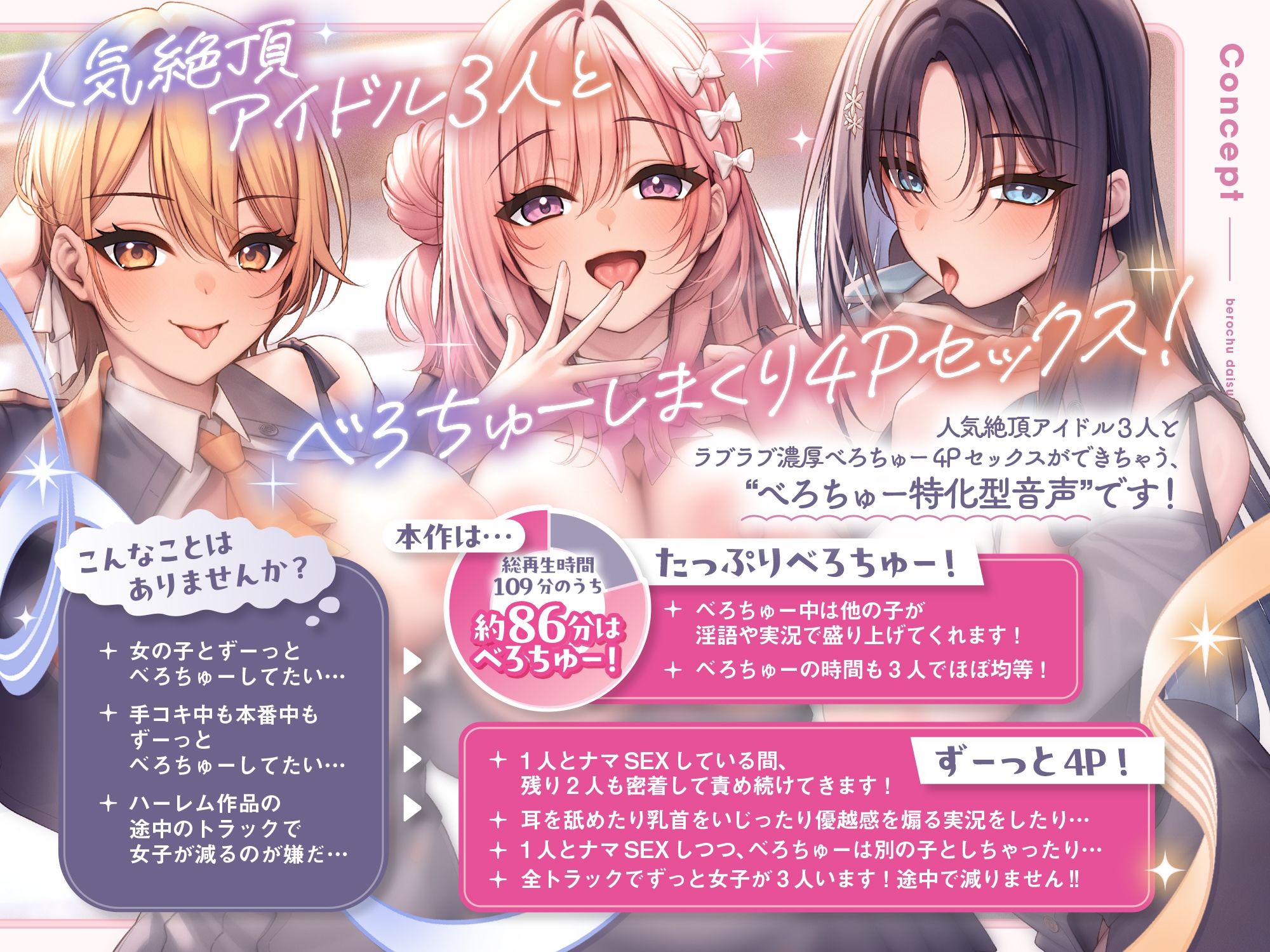 べろちゅー大好きアイドル3人と優越感MAXハーレム4P-かわるがわる濃厚ラブラブべろちゅー＆優越感ムクムク実況＆好きな子を選んで密着4PべろちゅーナマSEX-【キス特化】