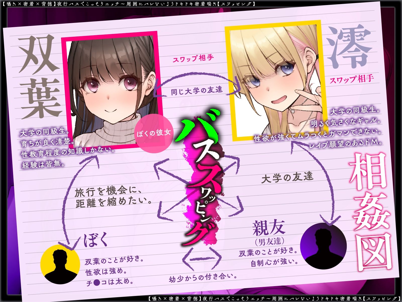 【囁き×密着】夜行バスでこっそりエッチ〜周囲にバレないようドキドキ密着喘ぎ【スワッピング】