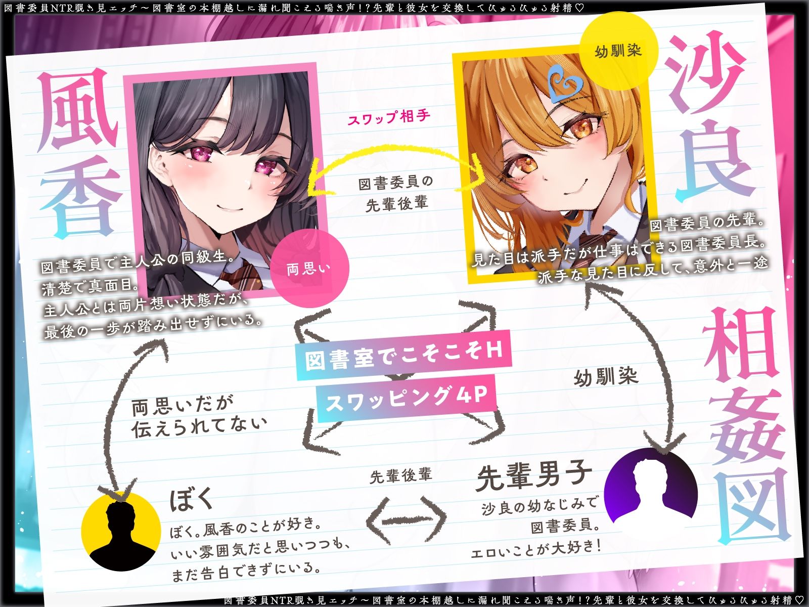【寝取られ×無声囁き】図書委員NTR覗き見エッチ〜図書室の本棚越しに漏れ聞こえる喘ぎ声!?先輩と彼女を交換してびゅるびゅる射精(はーと)【スワッピング】