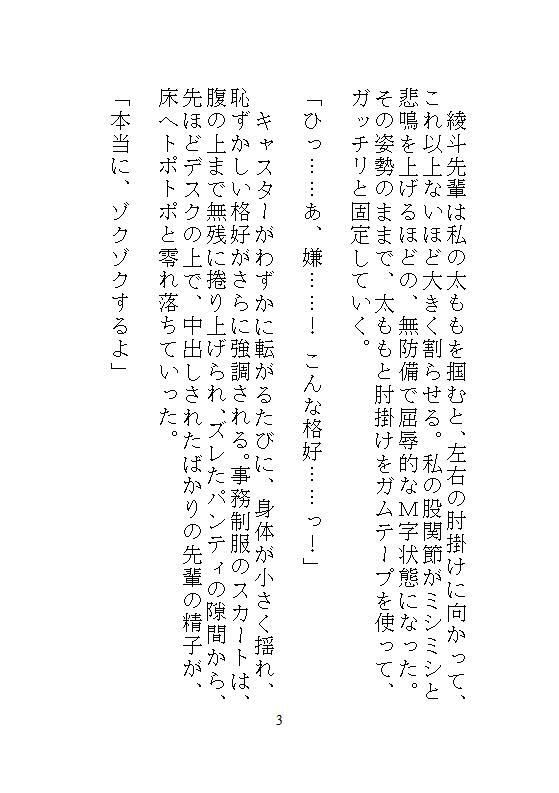 ハイスペ先輩のゲキオモ溺愛で蜜穴調教・後編。オフィスチェアM字拘束と、給湯室のナマ種付けプレスのあと、一生逃げられない檻の中で永久飼育