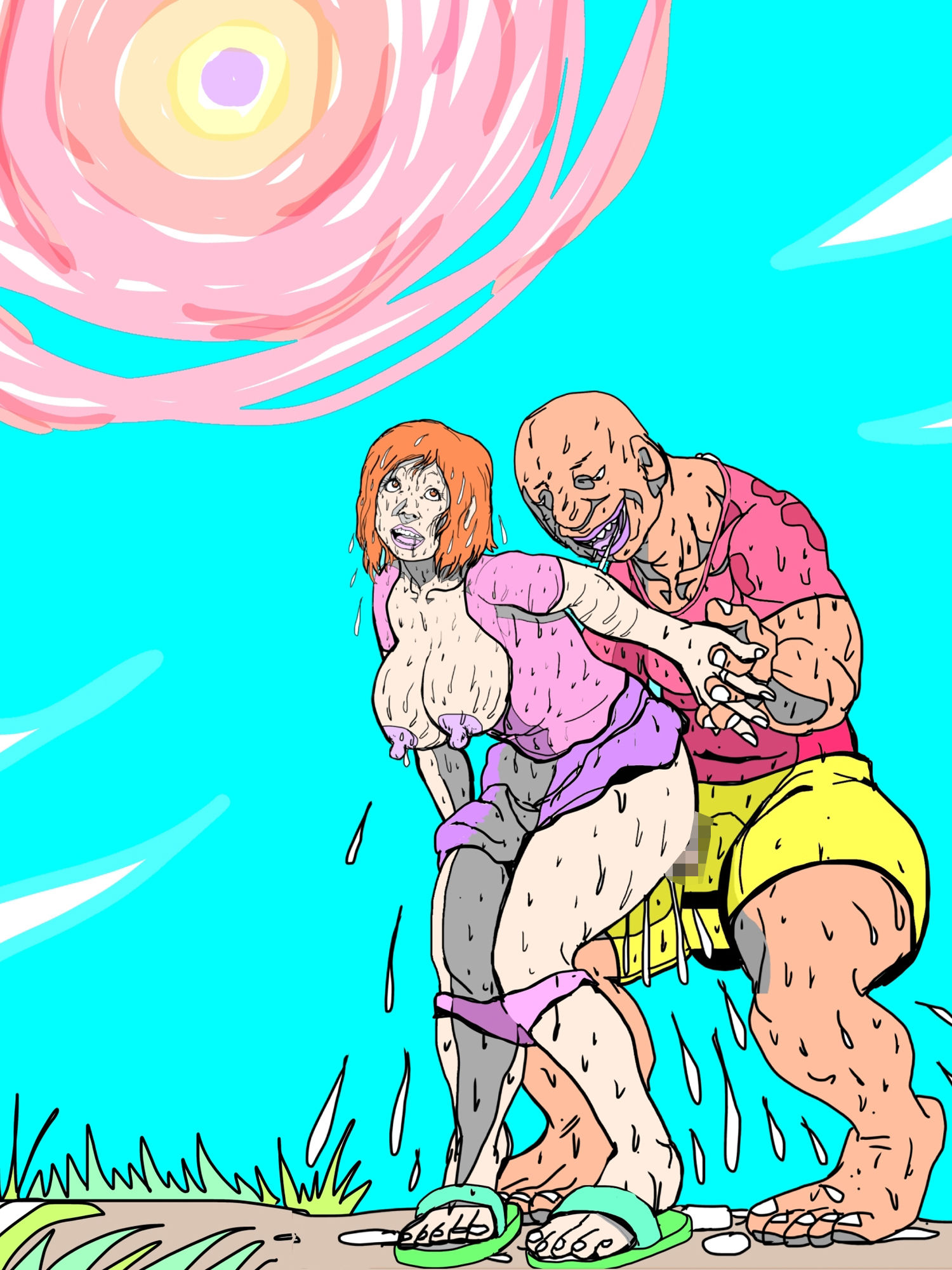 真夏の太陽の下近所の奥さんが見知らぬ男と汁だくまぐわいやってた