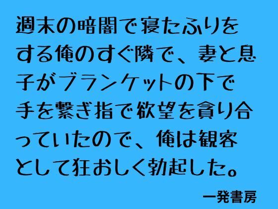 週末の暗闇で寝たふりをする俺のすぐ隣で、妻と息子がブランケットの下で手を繋ぎ指で欲望を貪り合っていたので、俺は観客として狂おしく勃起した。