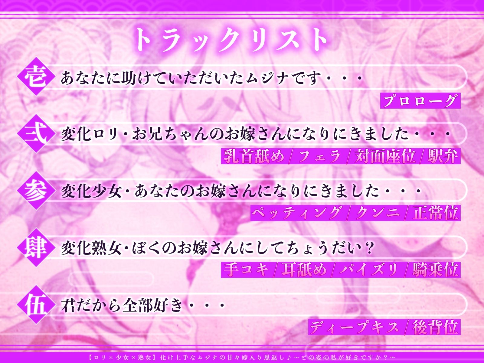 【ロリ×少女×熟女】化け上手なムジナの甘々嫁入り恩返し♪〜どの姿の私が好きですか？〜【KU100収録】