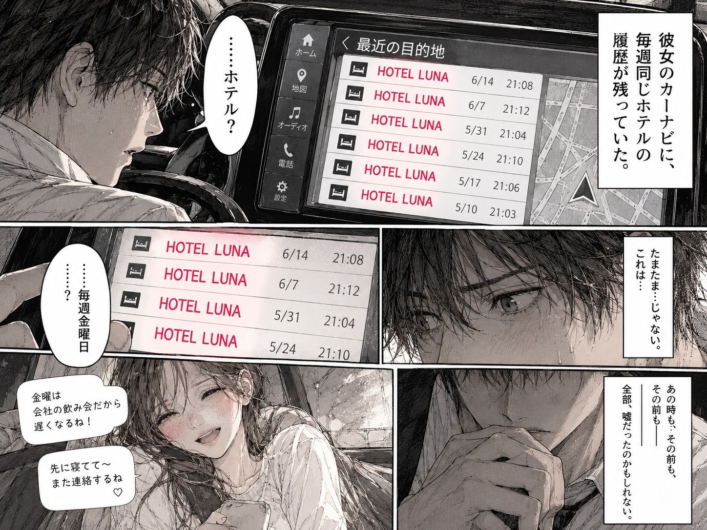 『彼女のカーナビに、毎週同じホテルの履歴が残っていた。』