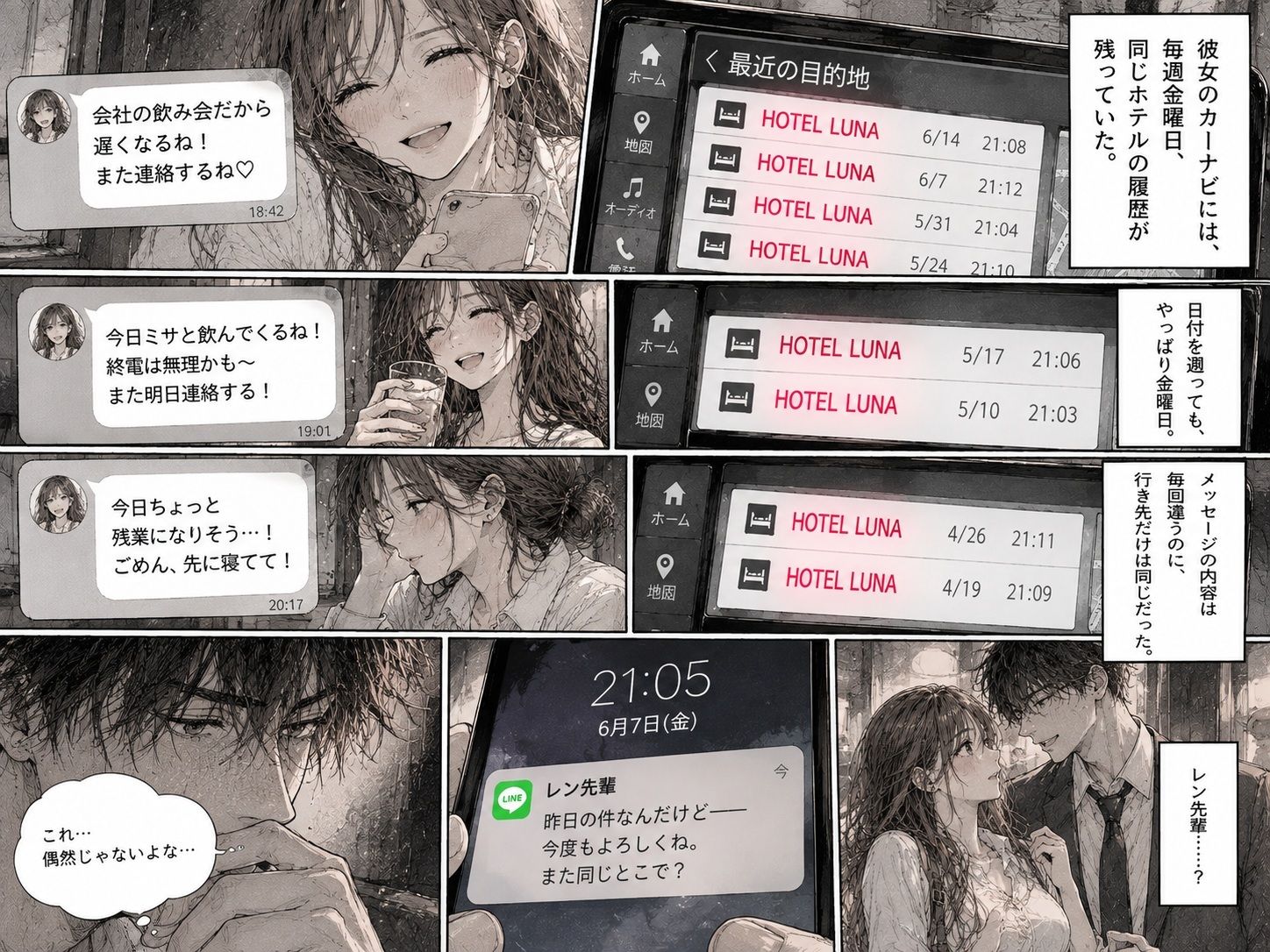 『彼女のカーナビに、毎週同じホテルの履歴が残っていた。』