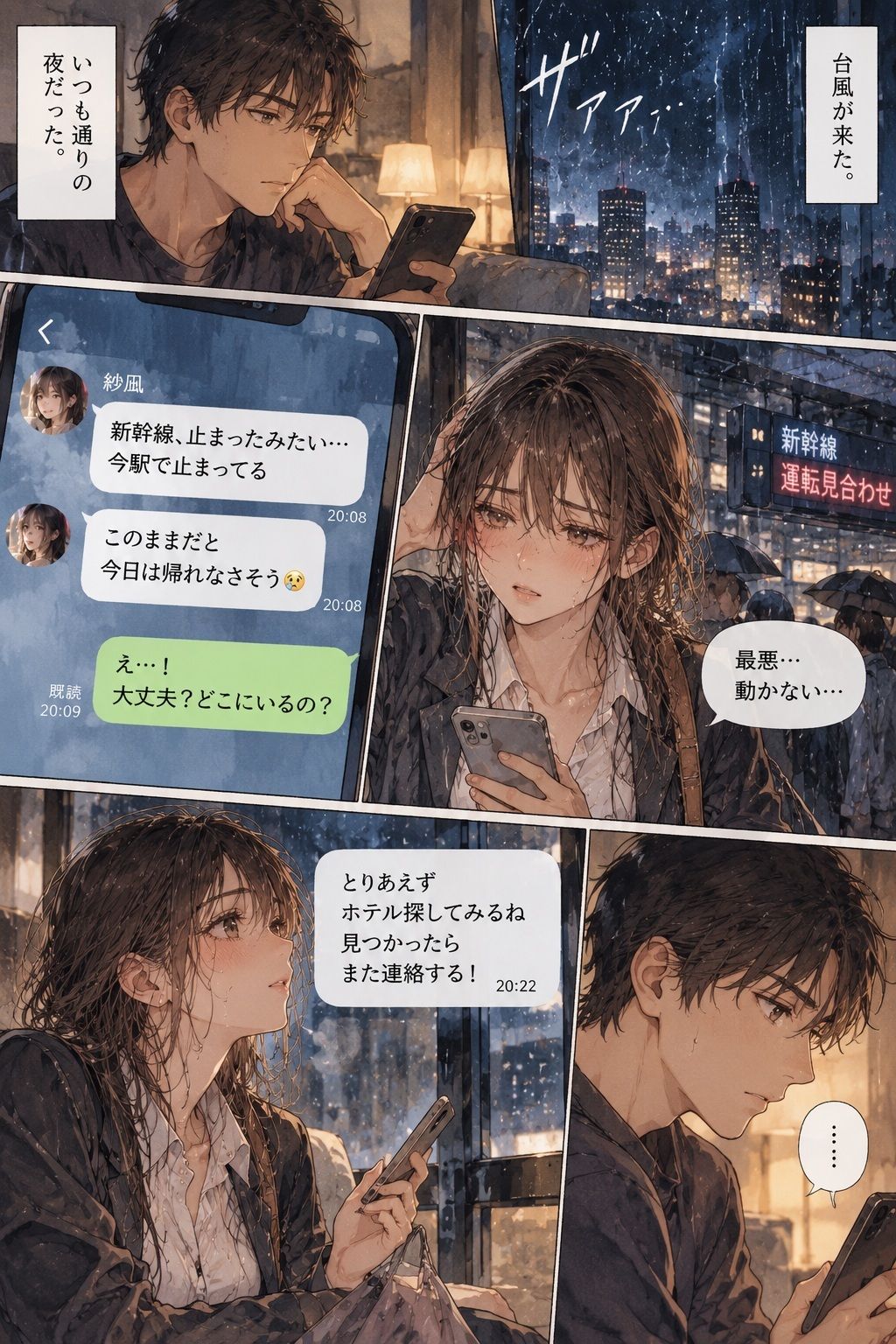 台風で帰れなくなった彼女が、会社の上司とホテルの同じ部屋に泊まることになった。