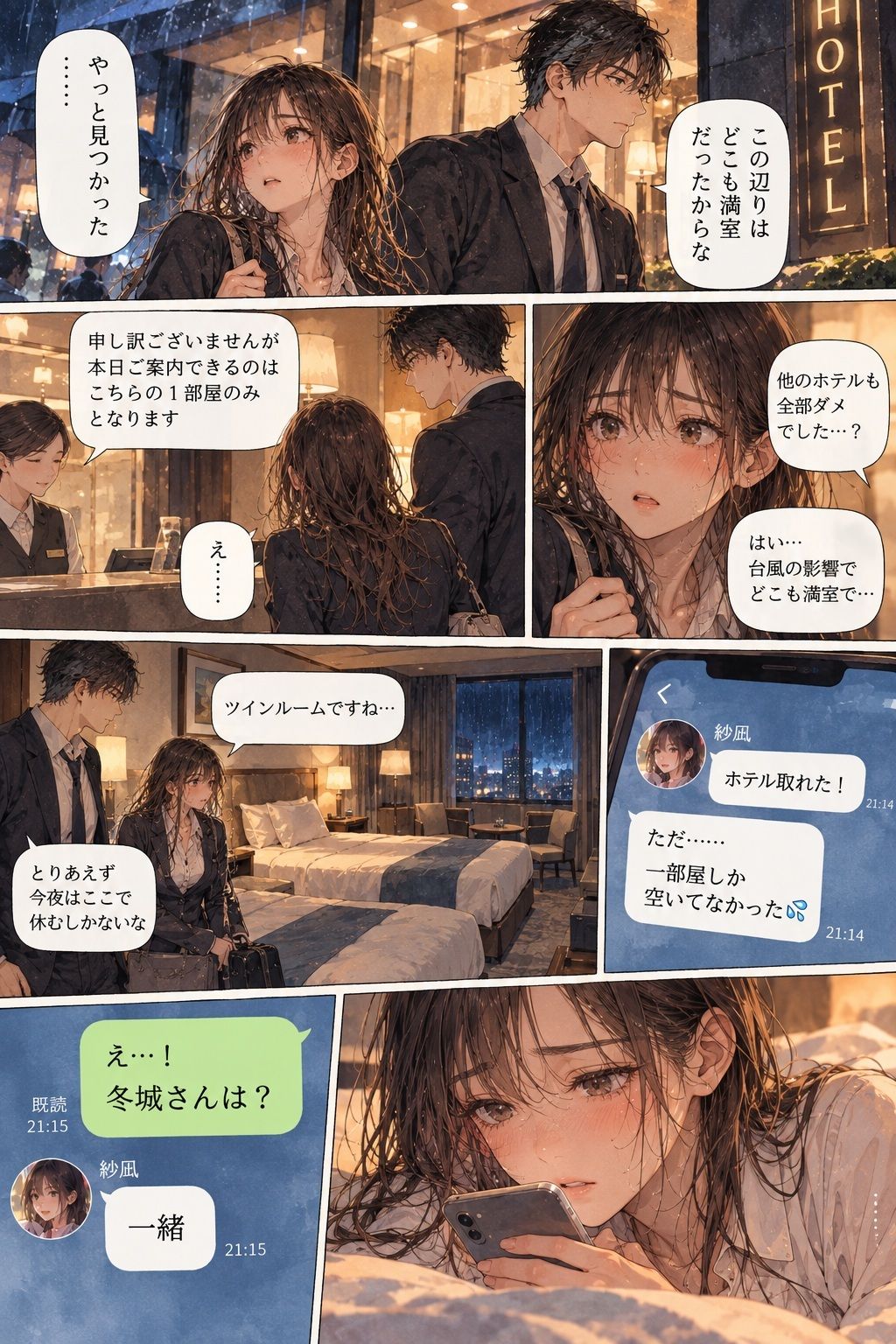 台風で帰れなくなった彼女が、会社の上司とホテルの同じ部屋に泊まることになった。