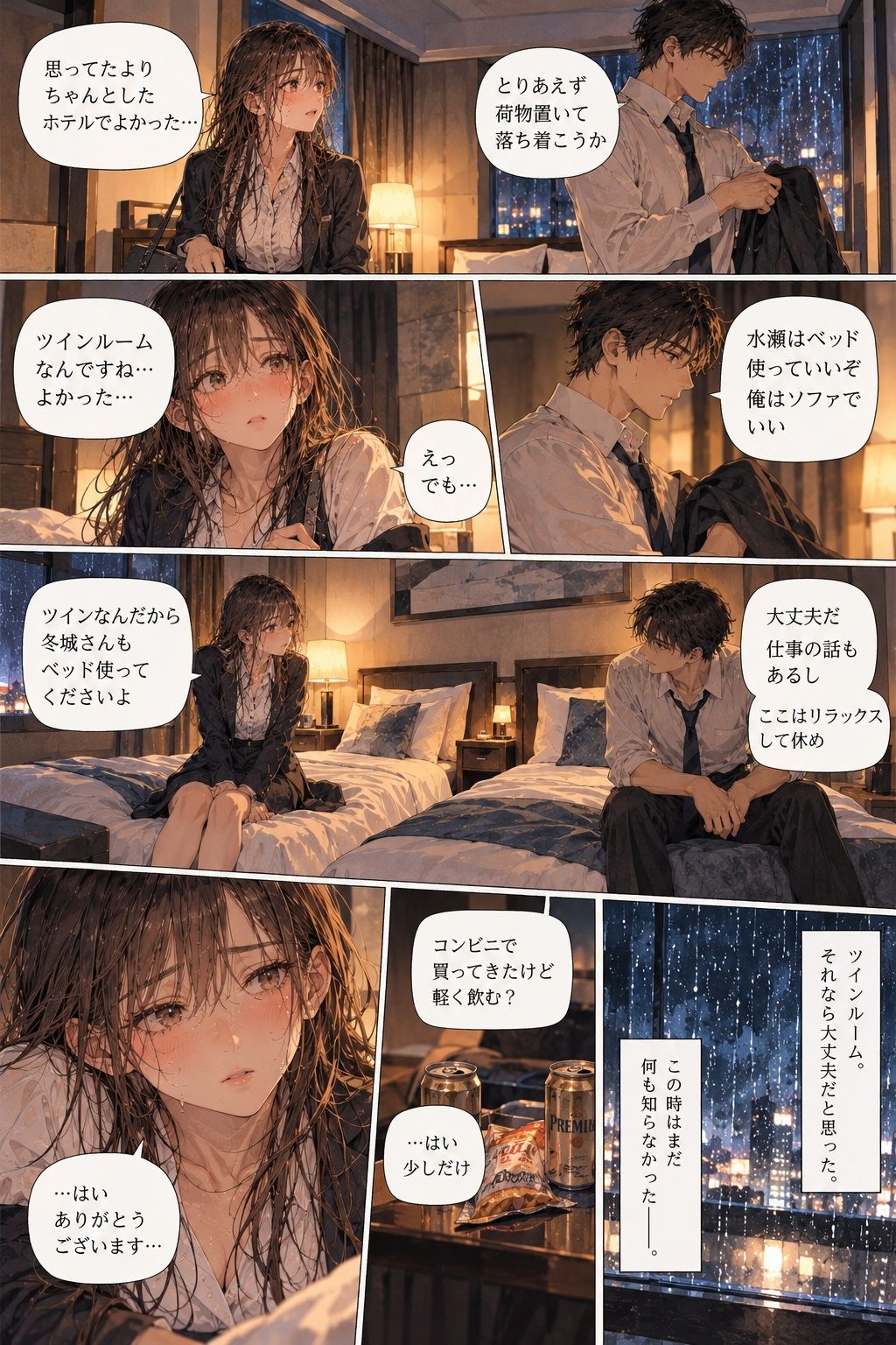 台風で帰れなくなった彼女が、会社の上司とホテルの同じ部屋に泊まることになった。